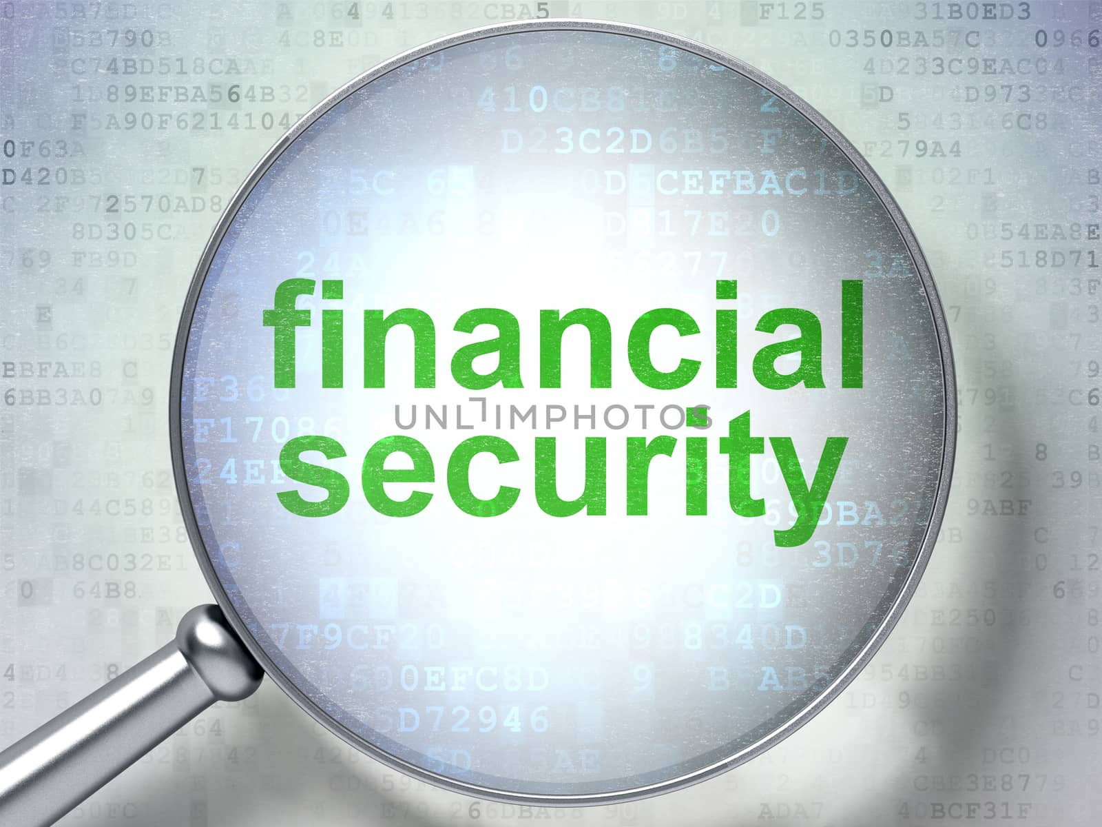 Security concept: magnifying optical glass with words Financial Security on digital background, 3D rendering