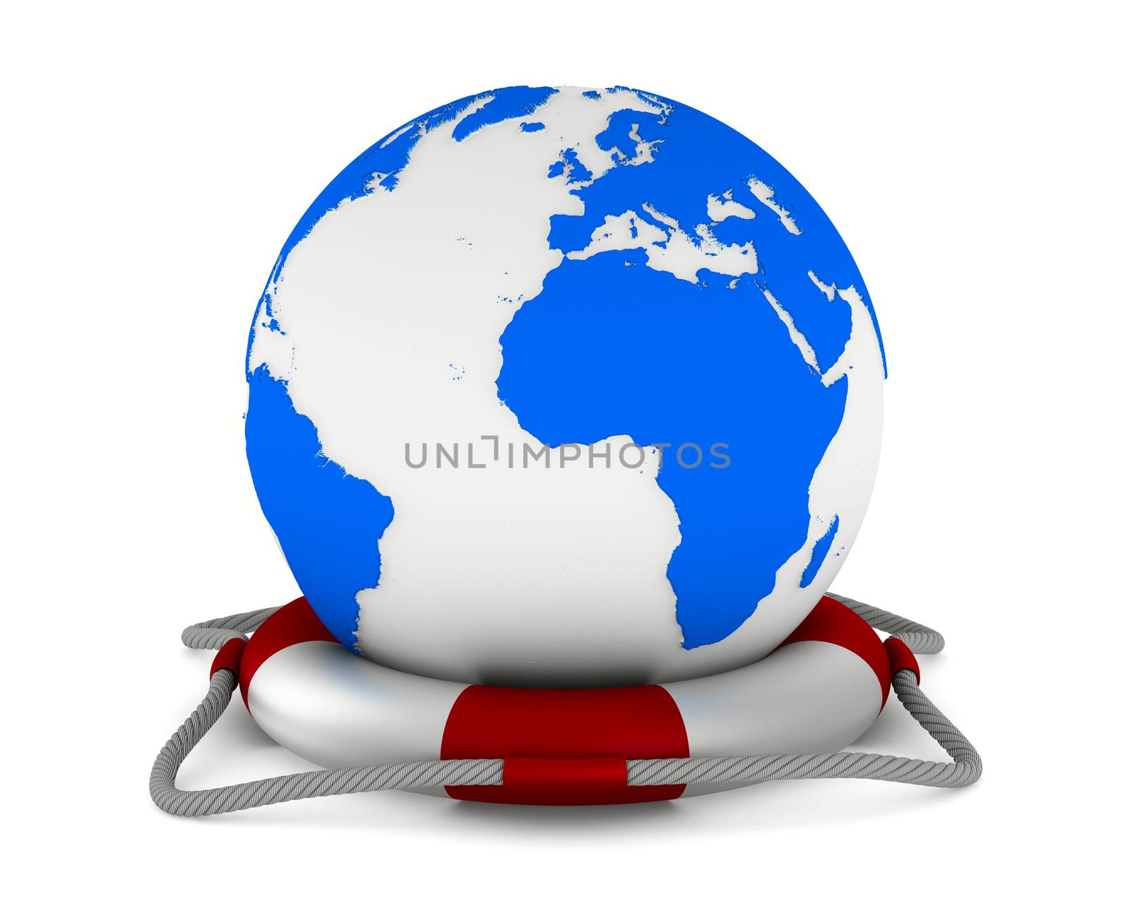 lifebuoy and globe on white background. Isolated 3D image