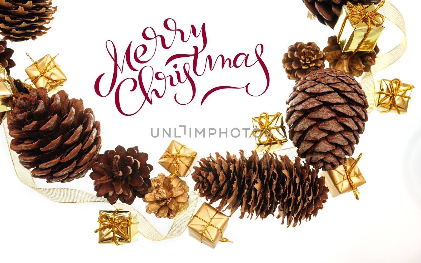 frame of the cones and gifts on white background with text Merry Christmas. Lettering calligraphy.