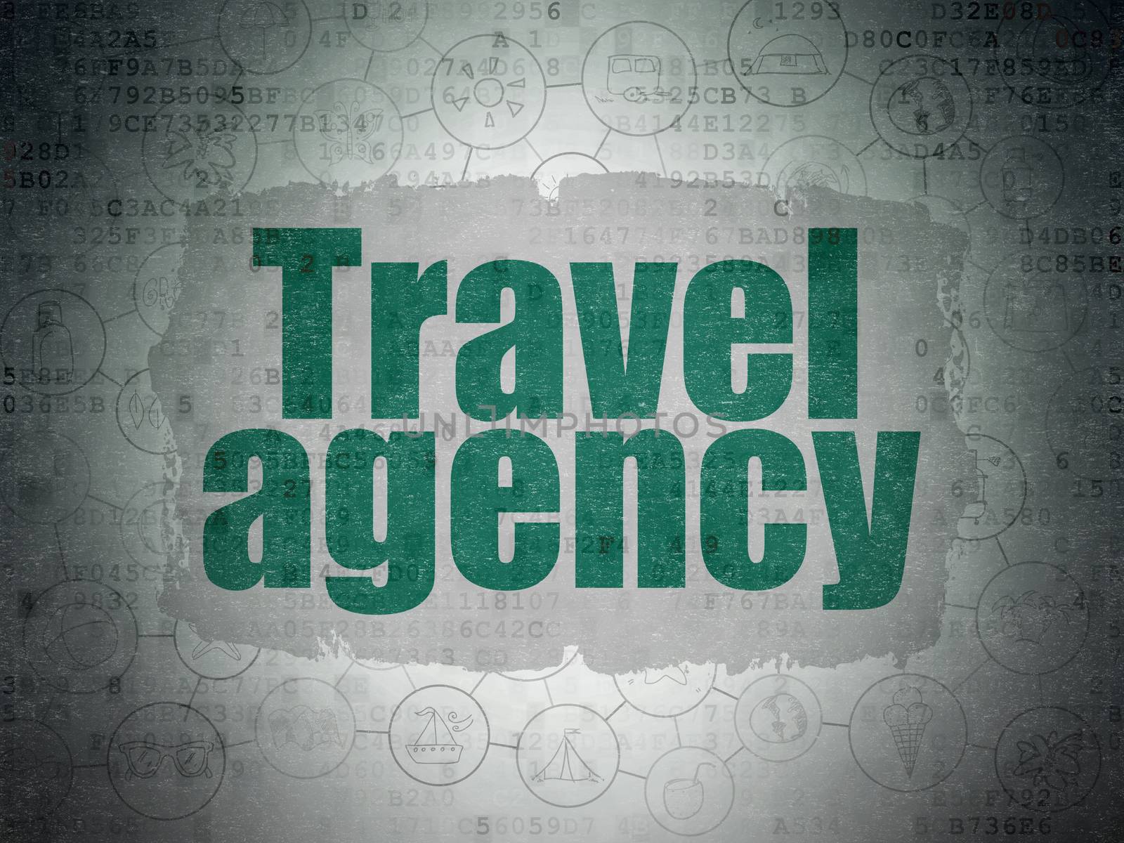 Travel concept: Painted green text Travel Agency on Digital Data Paper background with  Scheme Of Hand Drawn Vacation Icons