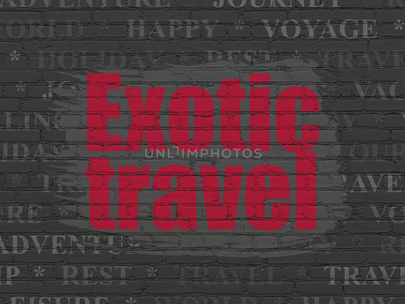 Vacation concept: Painted red text Exotic Travel on Black Brick wall background with  Tag Cloud