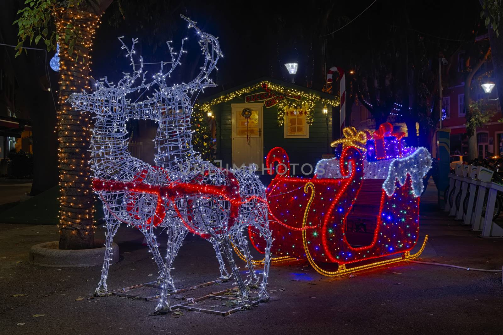 Santa Claus sleigh and two reindeer, Christmas decoration