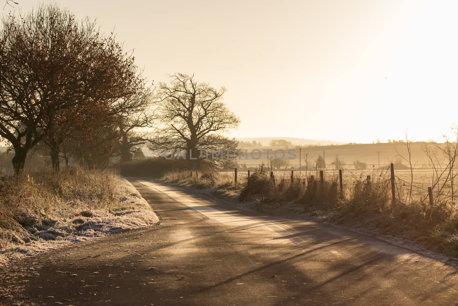 Sunrise over a Frosty Countryside Lane in Oxfordshire, UK