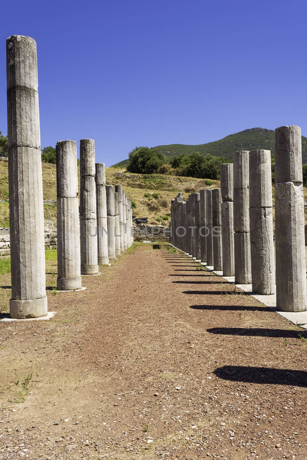 Pillar ruins of the ancient Greek city of Messinia at Peloponnese, Greece