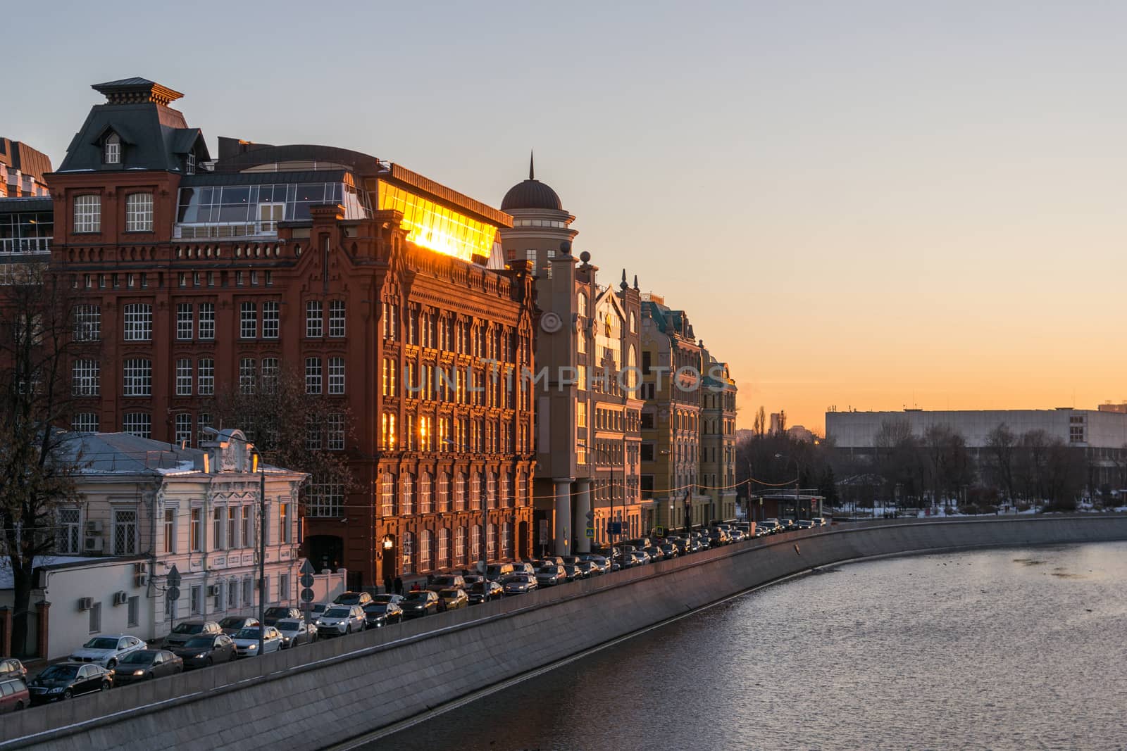 Yakimanskaya embankment traffic jam at sunset, Moscow, Russia by Dudeway