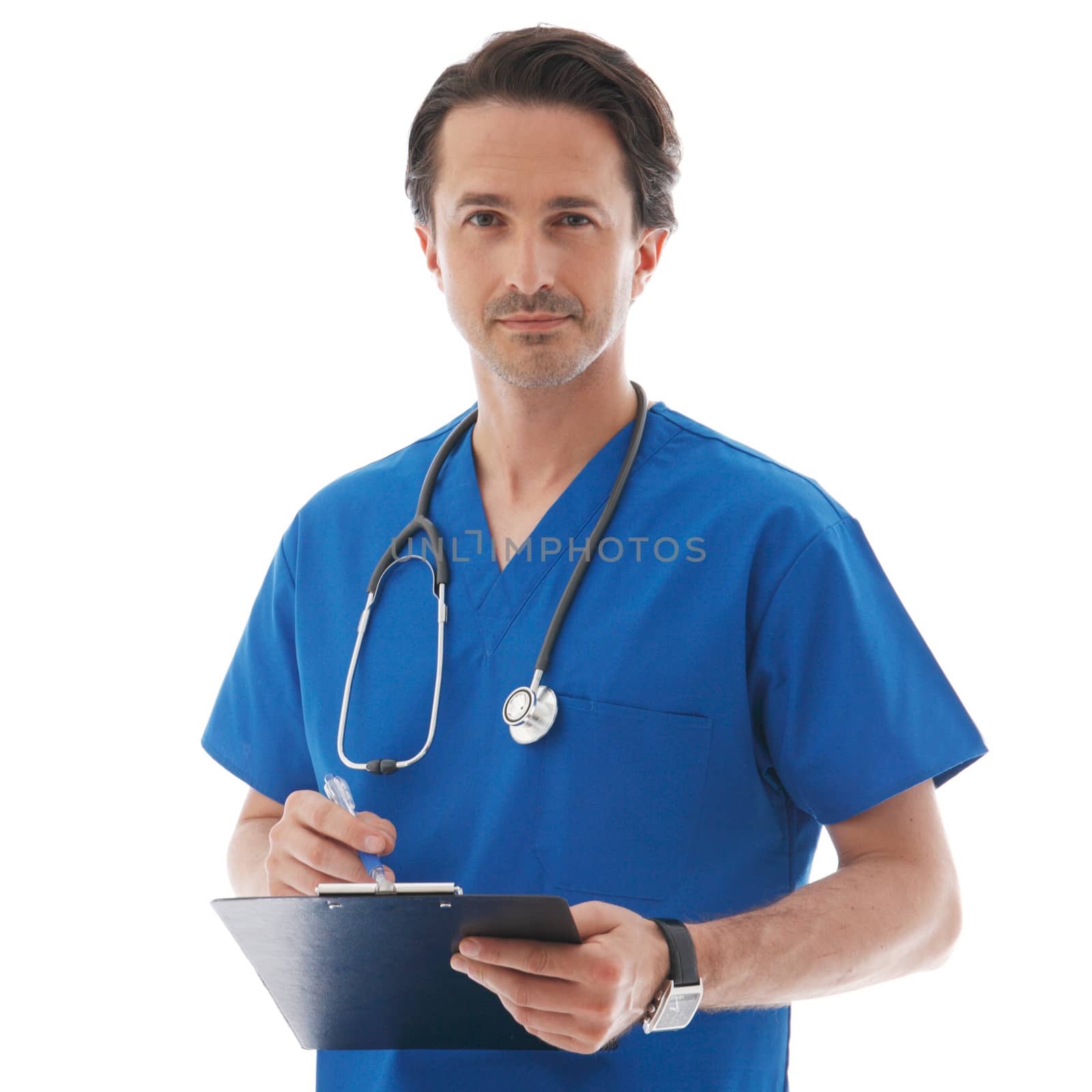 Portrait of young doctor in blue uniform isolated on white background 