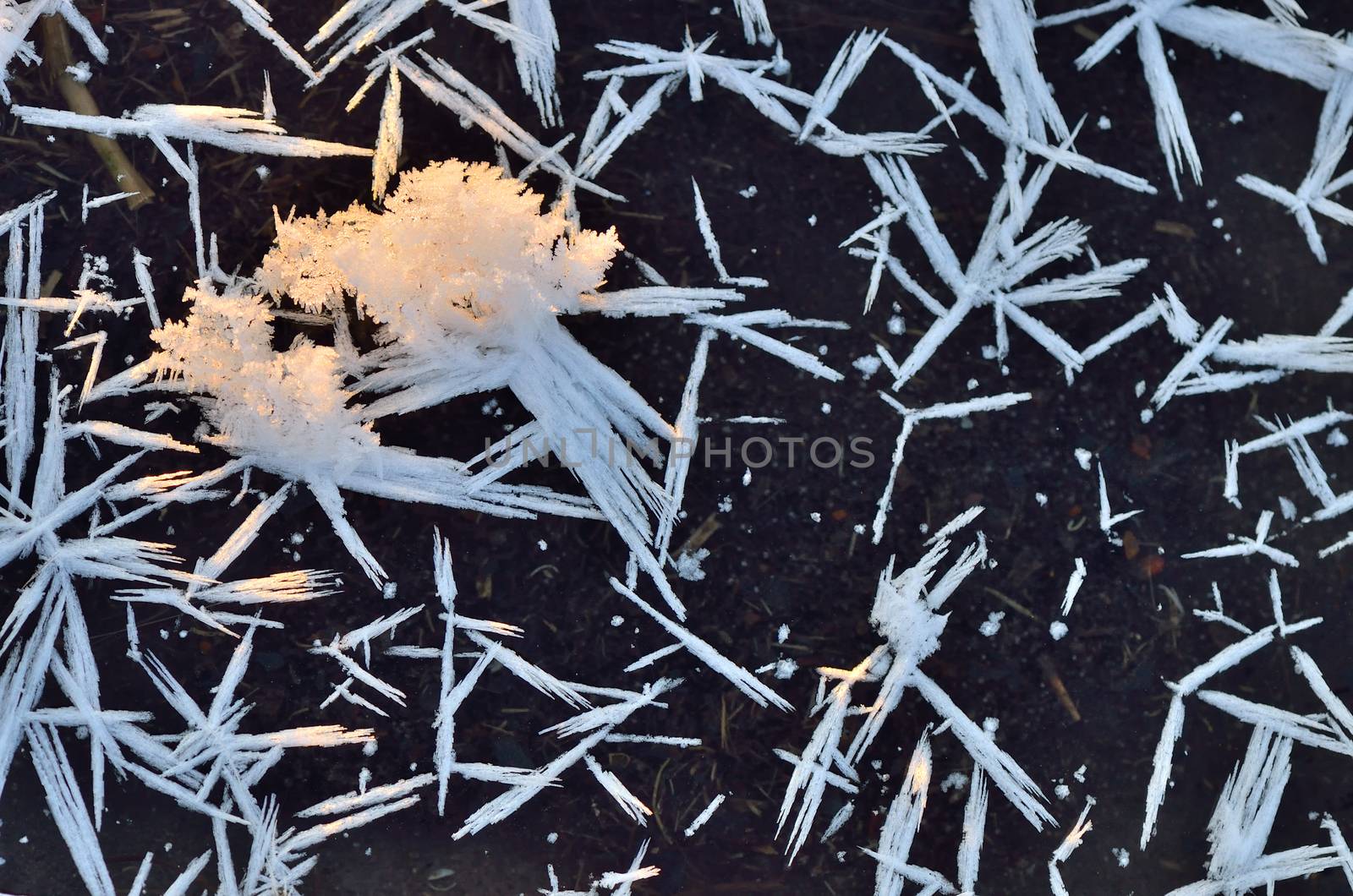 snowflakes and ice crystal on frozen lake