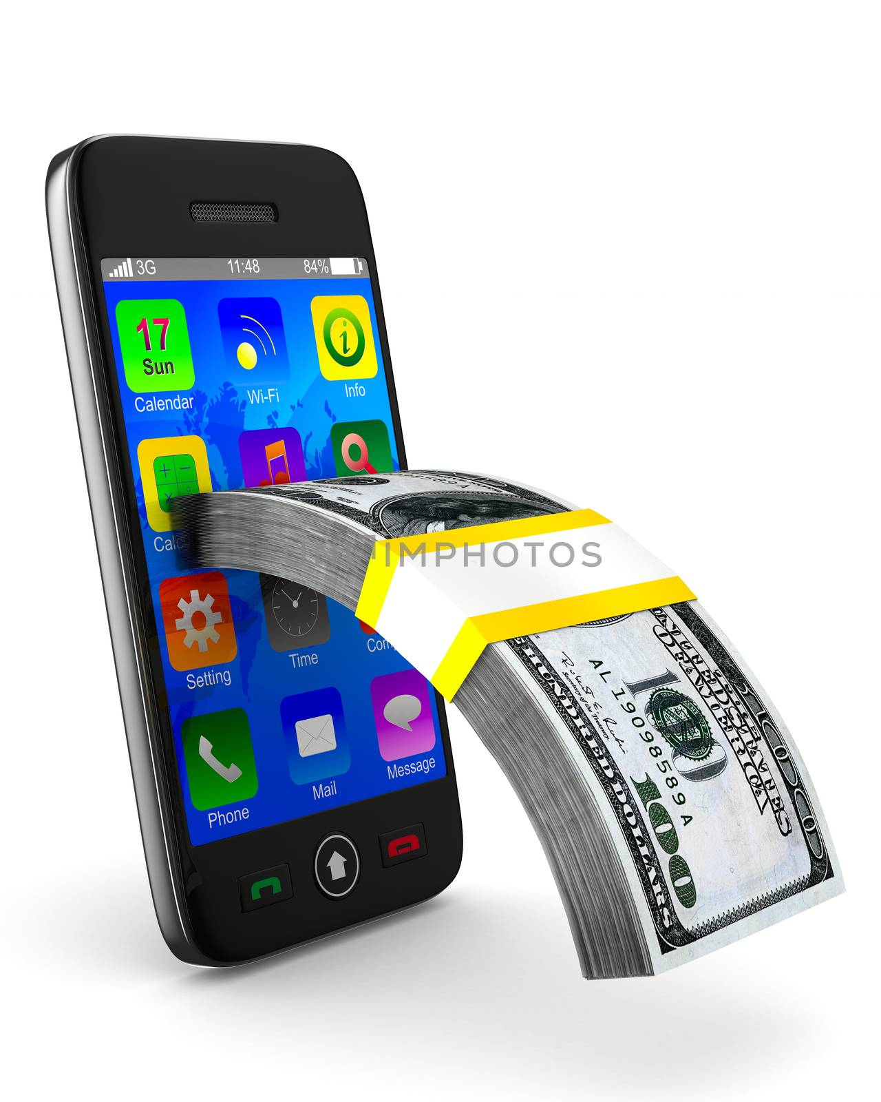 phone and cash on white background. Isolated 3d image by ISerg