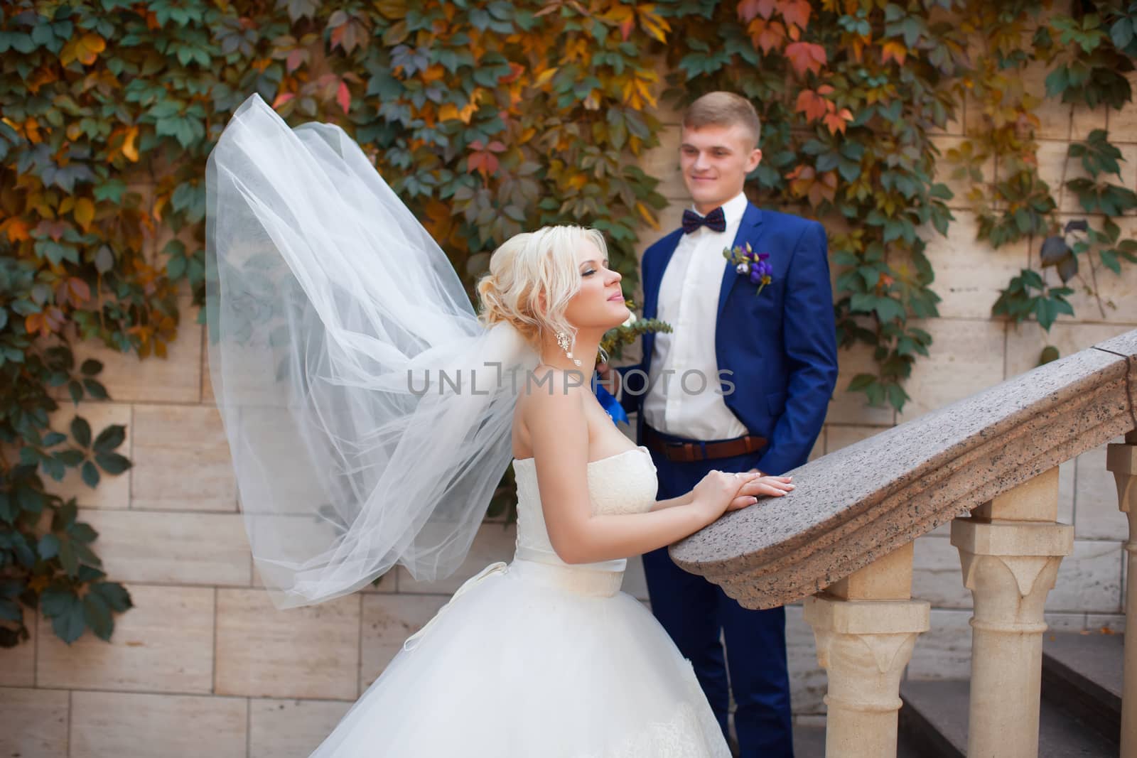 Thrown in the air veil of the bride, stylish couple.