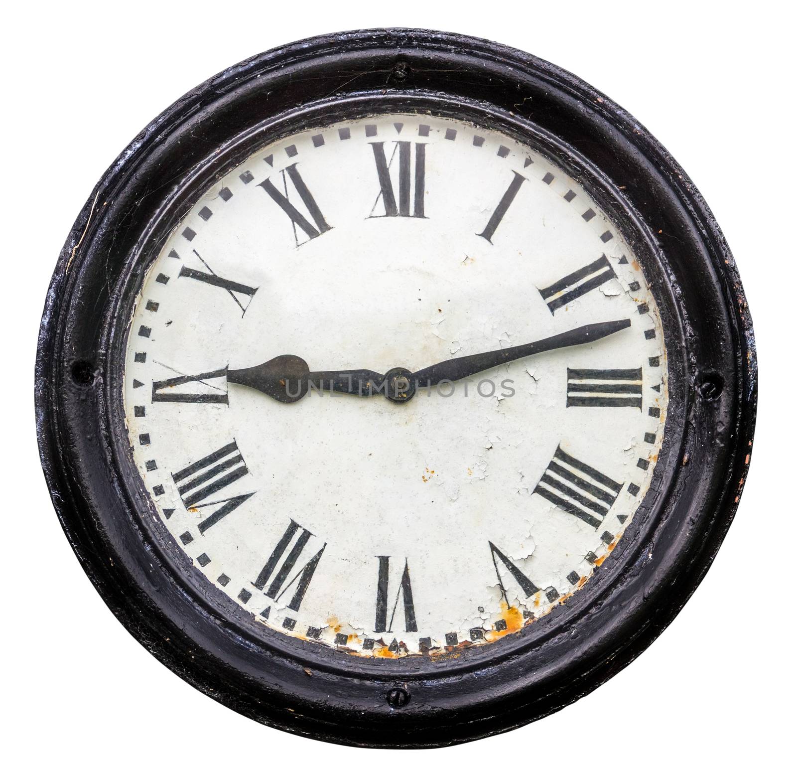 Isolated Rustic Old Roman Numeral Station Clock Face