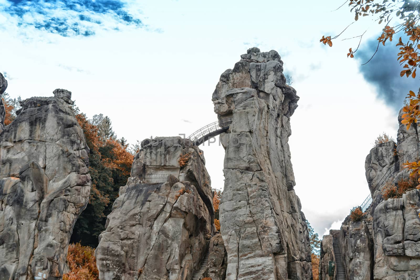 The Externsteine in Indian Summer Look, striking sandstone rock formation in the Teutoburg Forest, Germany, North Rhine Westphalia