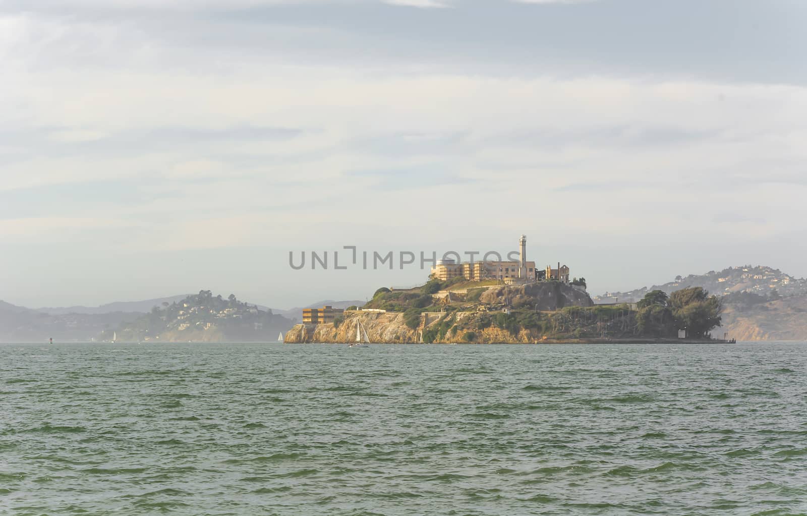 panoramic view of Alcatraz Island in San Francisco, USA.