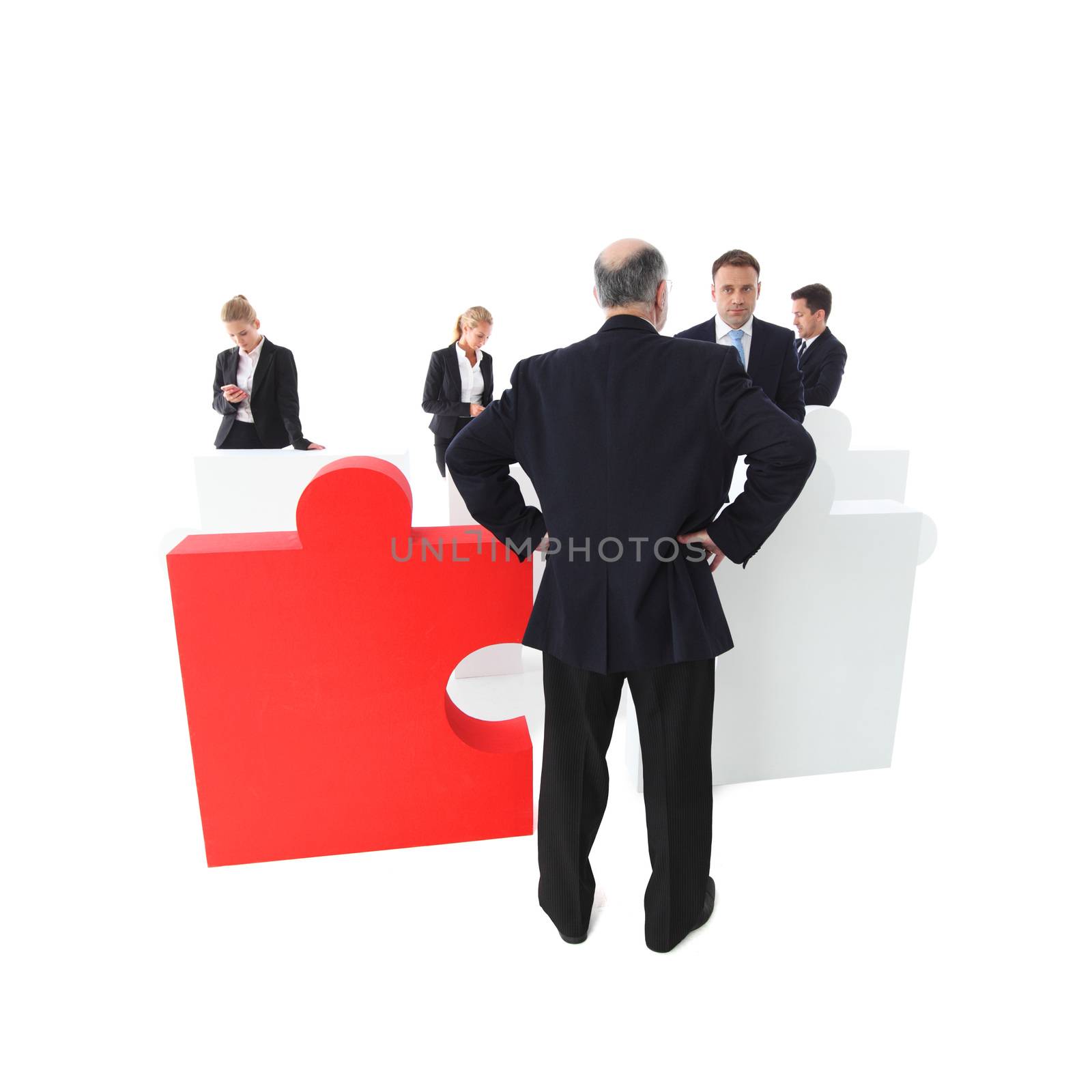Confused shocked, surprised worker apologizes to manager, part of puzzle team concept, isolated on white
