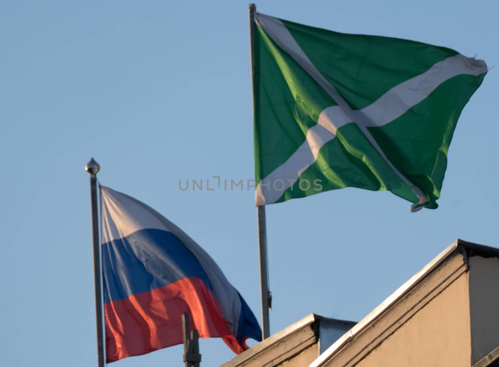 Custom Flags and Russia over customs building in Moscow 2016