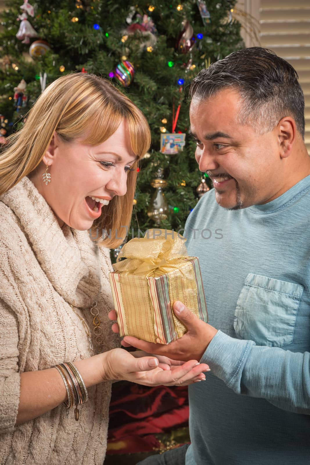 Happy Young Mixed Race Couple with Present Near Christmas Tree.