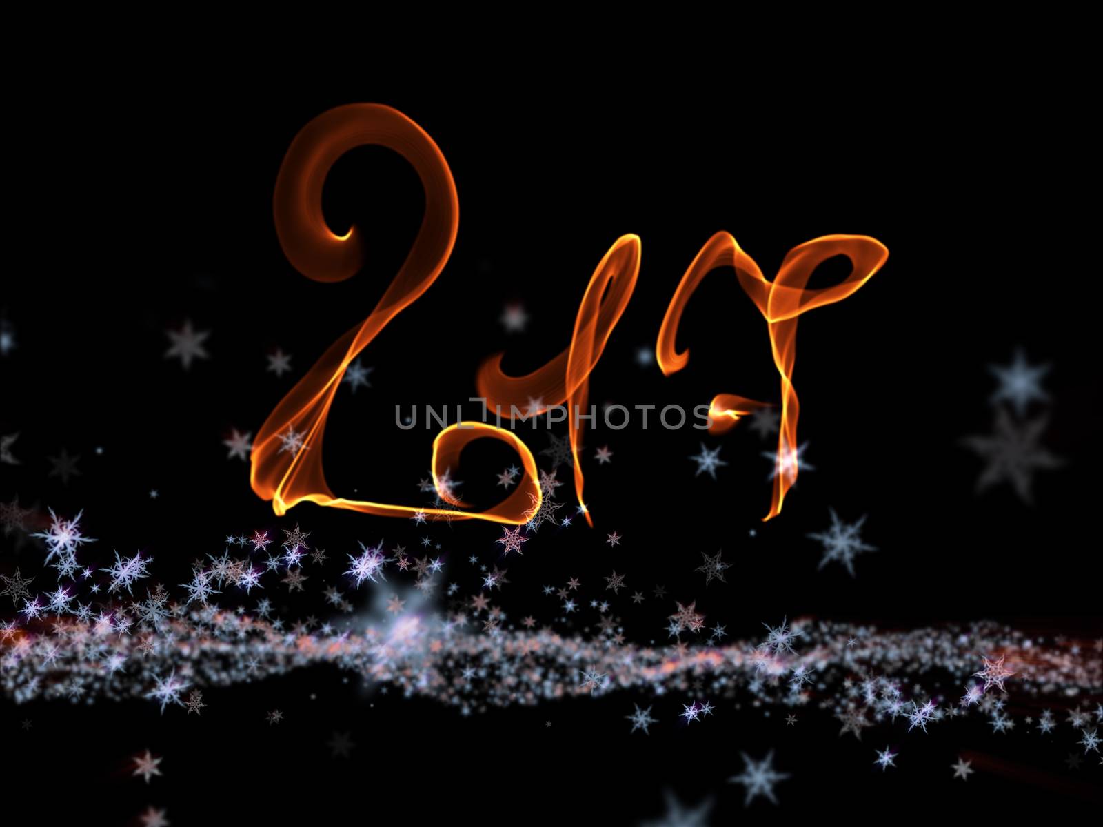 Happy new year 2017 isolated numbers lettering written with fire flame or smoke on black background.