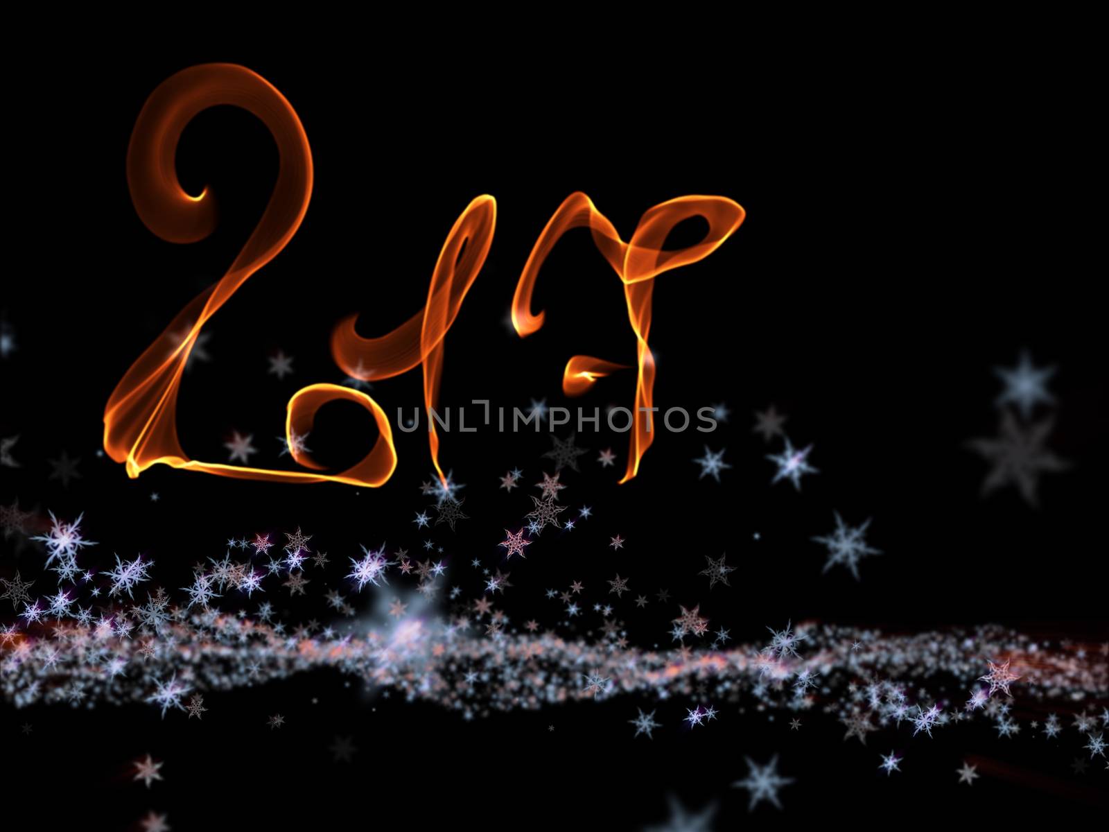 Happy new year 2017 isolated numbers lettering written with fire flame or smoke on black background.