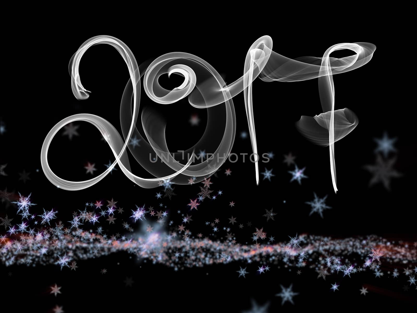 Happy new year 2017 isolated numbers lettering written with fire flame or smoke on black background.