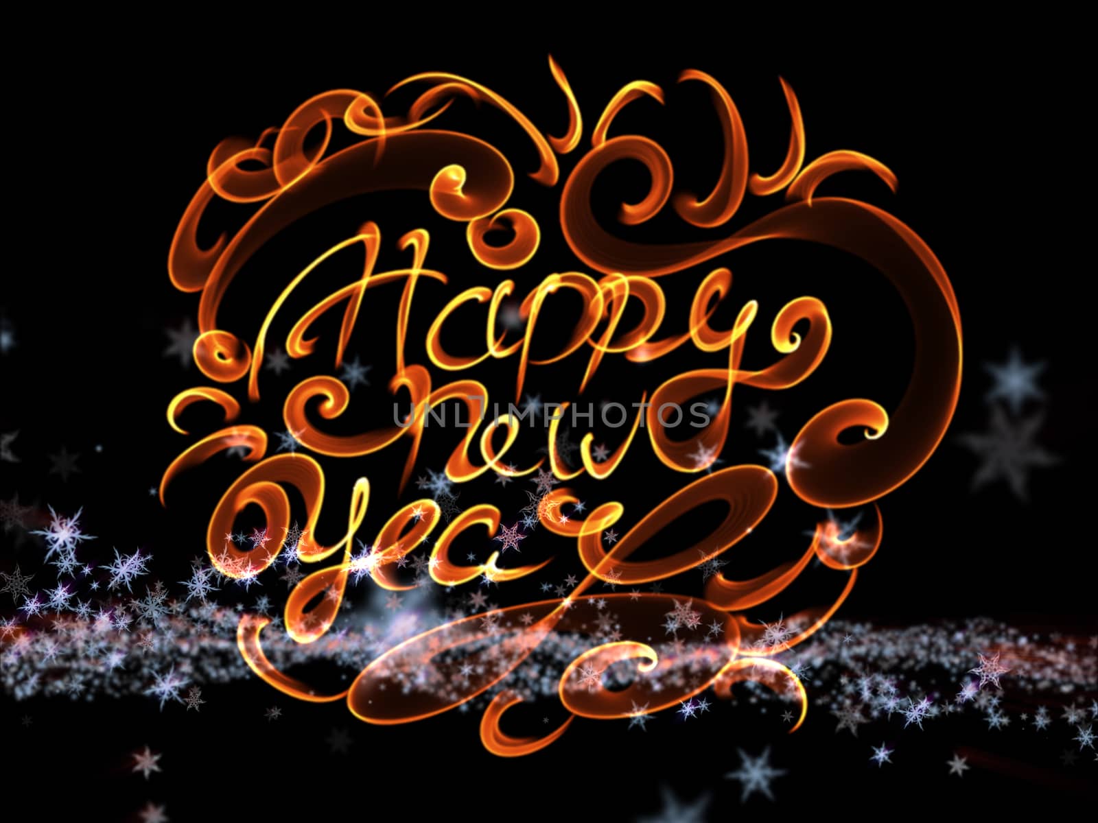 Happy new year words lettering written with fire flame or smoke on bright space background with stars by skrotov