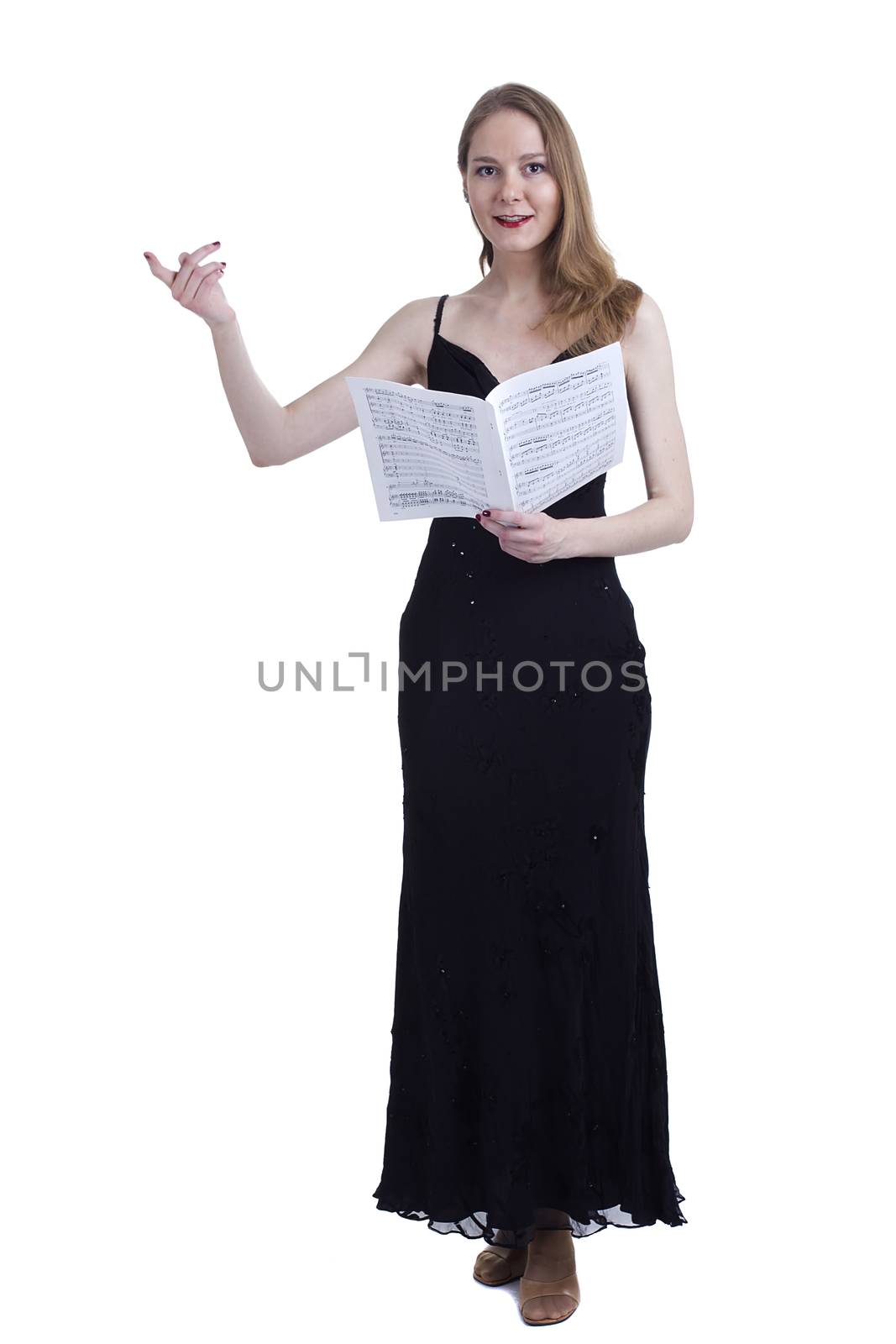 Professional opera singer with musical notebook on a white background