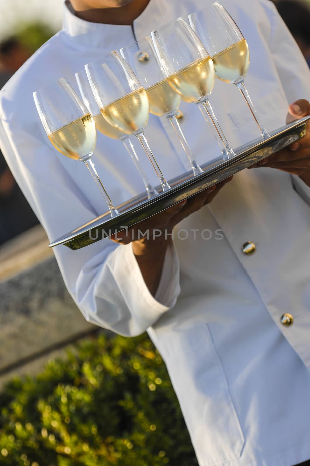 Professional male waiter in uniform serving champagne, Dri