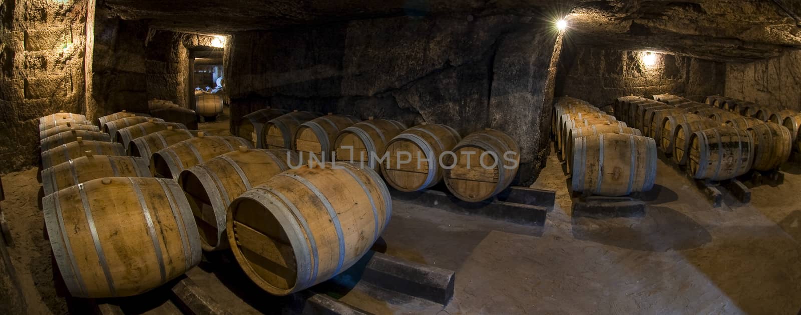 Barrels in old cellar, Bordeaux winery, France