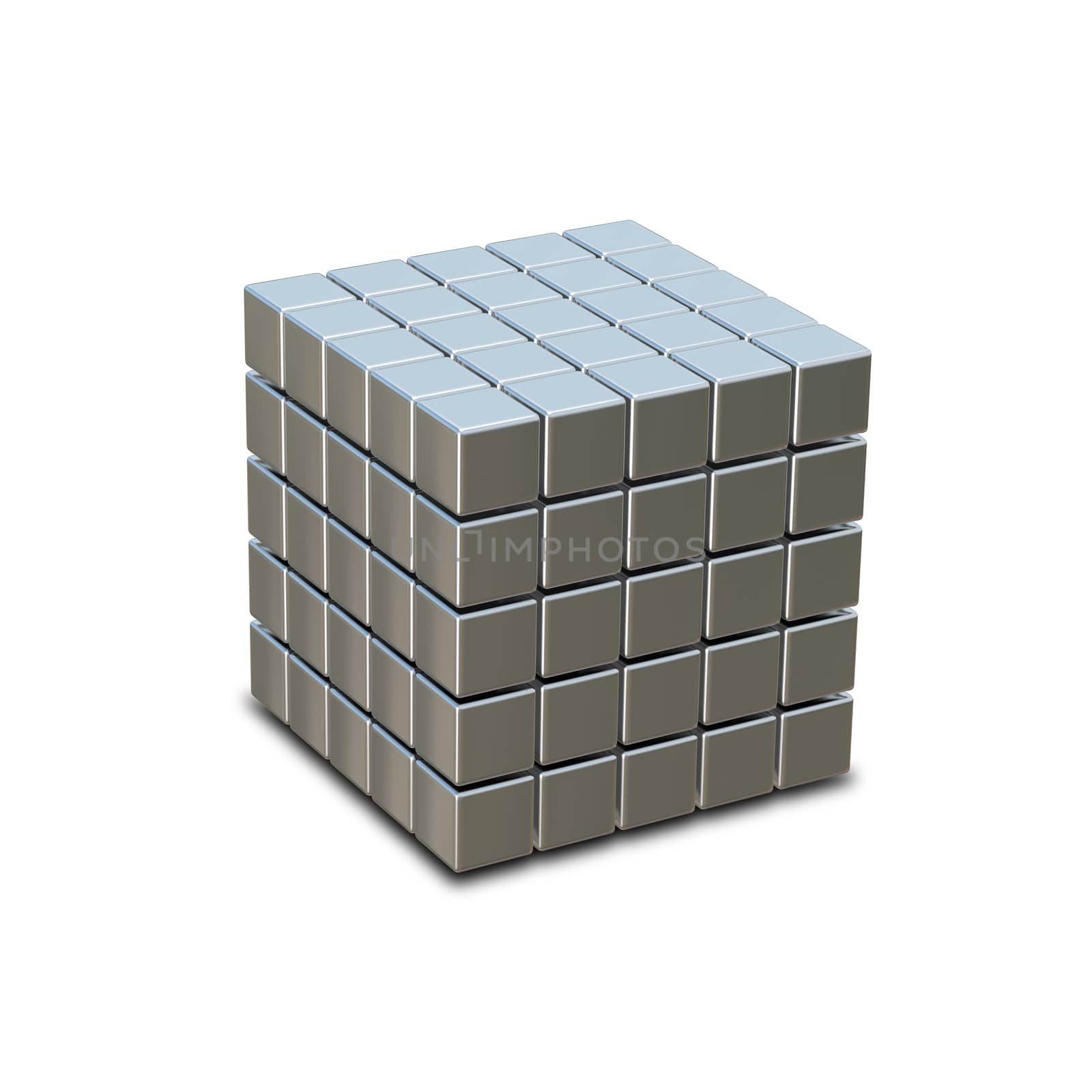 3D illustration of metal cube made of small cubes