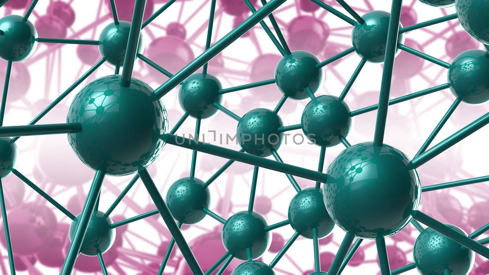 green and violet Molecular geometric chaos abstract structure. Science technology network connection hi-tech background 3d rendering illustration.