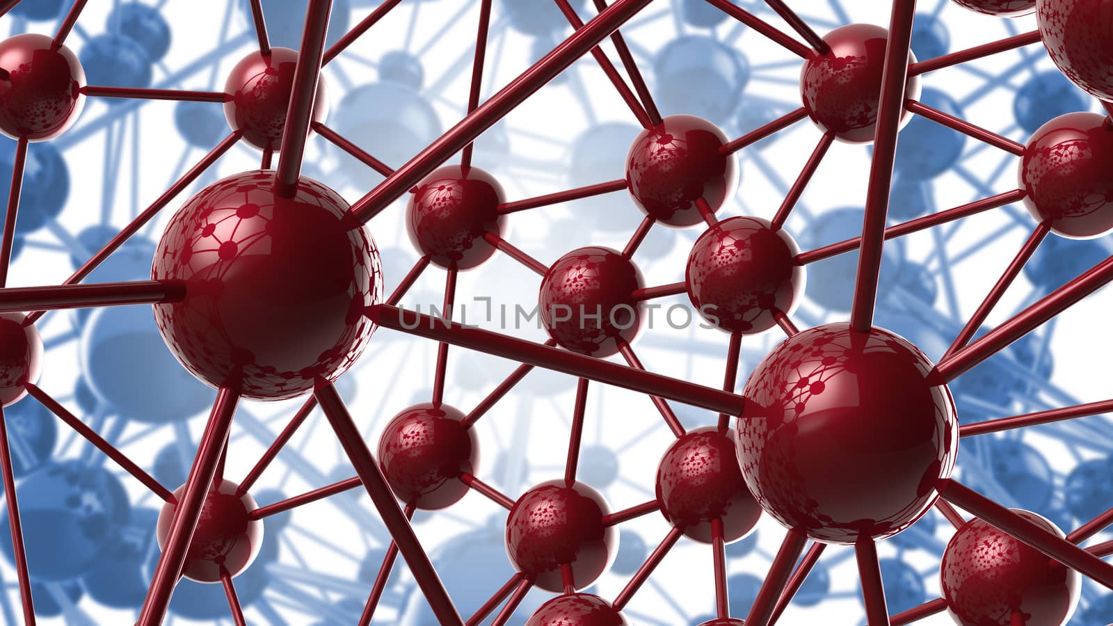 blue and red Molecular geometric chaos abstract structure. Science technology network connection hi-tech background 3d rendering illustration.