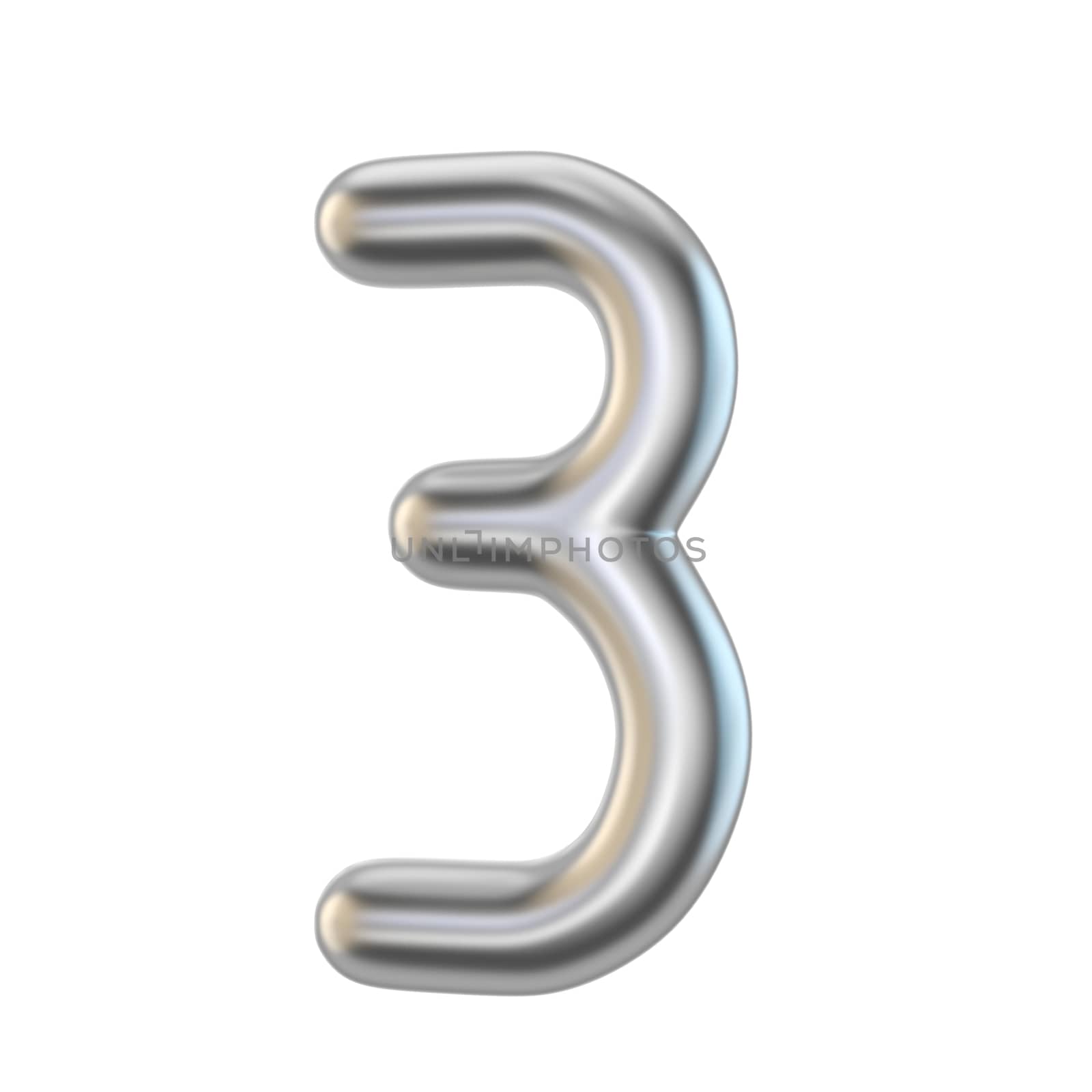 Metal silver font. Number THREE 3 3D render illustration isolated on white background