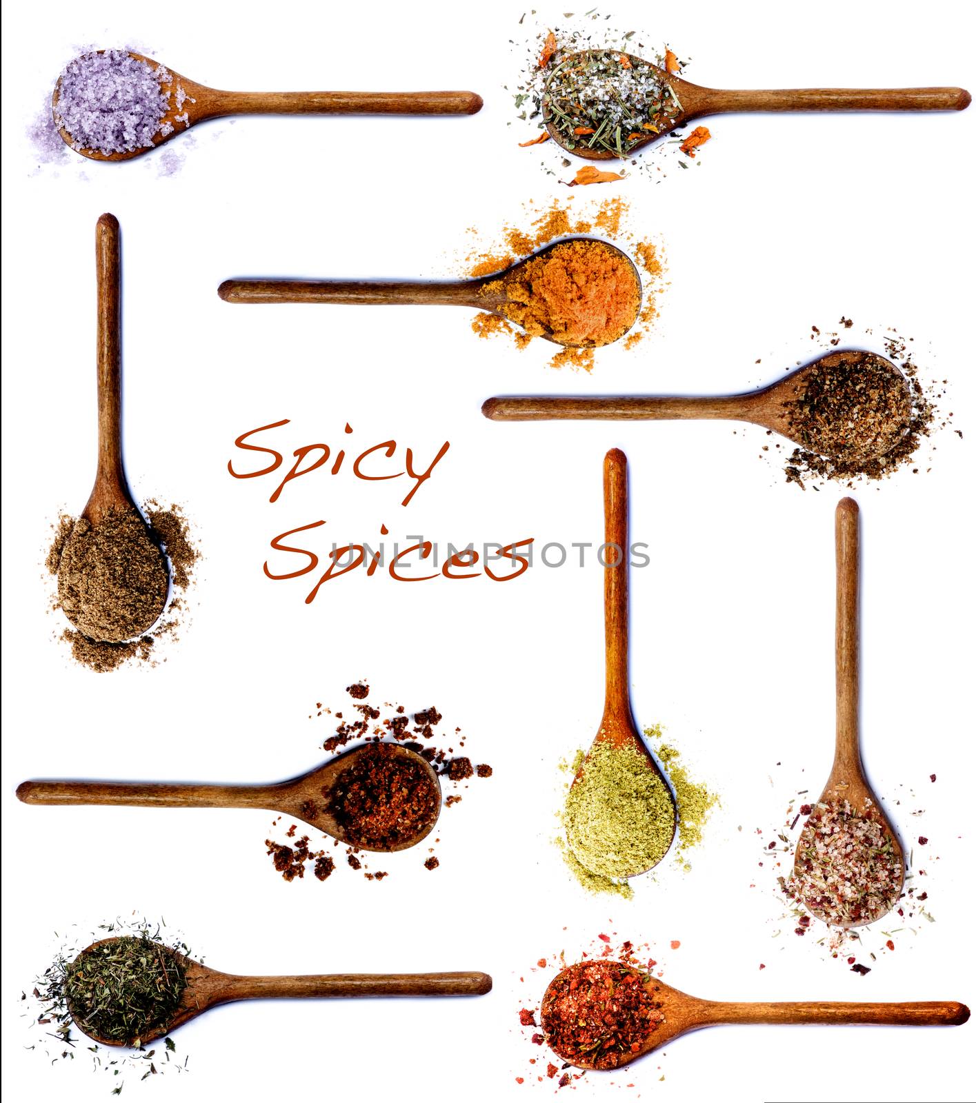 Collection of Various Spices with Inscription in Wooden Spoons: Dried Paprika, Curry Powder, Salt with Cayenne Pepper, Zira, Coriander, Thyme, Salt with Chili, Kosher Salt,  Cumin Powder and Salt with Petals