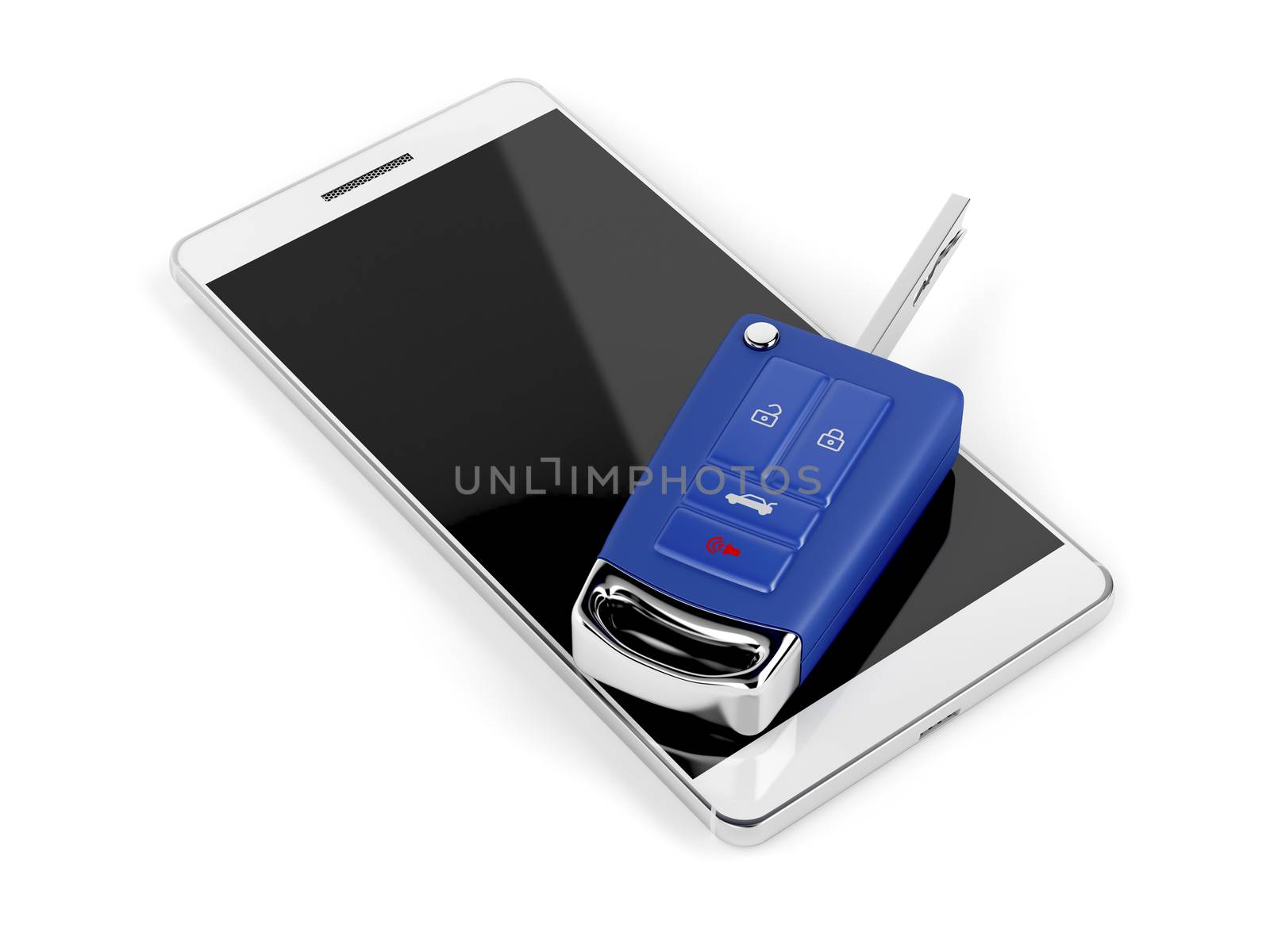 Smartphone and car key on white background