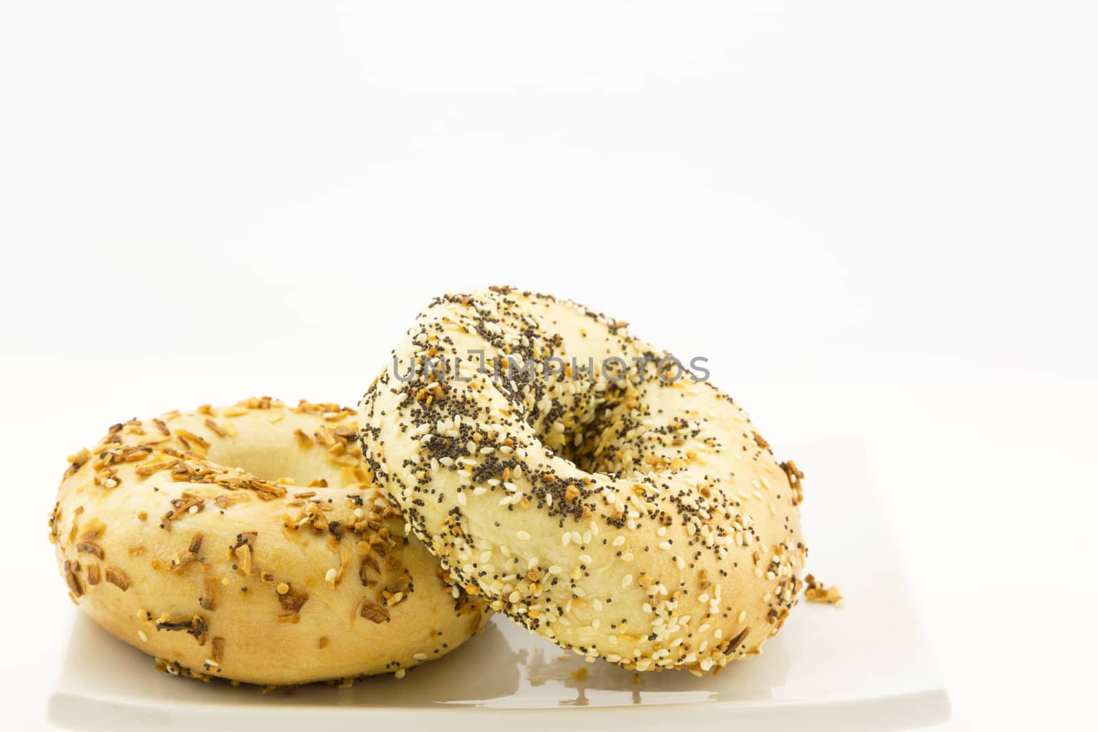 Everything bagel propped against onion bagel on white plate.  Specialty toppings are sesame and poppy seeds, roasted onion and garlic bits.  Horizontal image with copy space. 