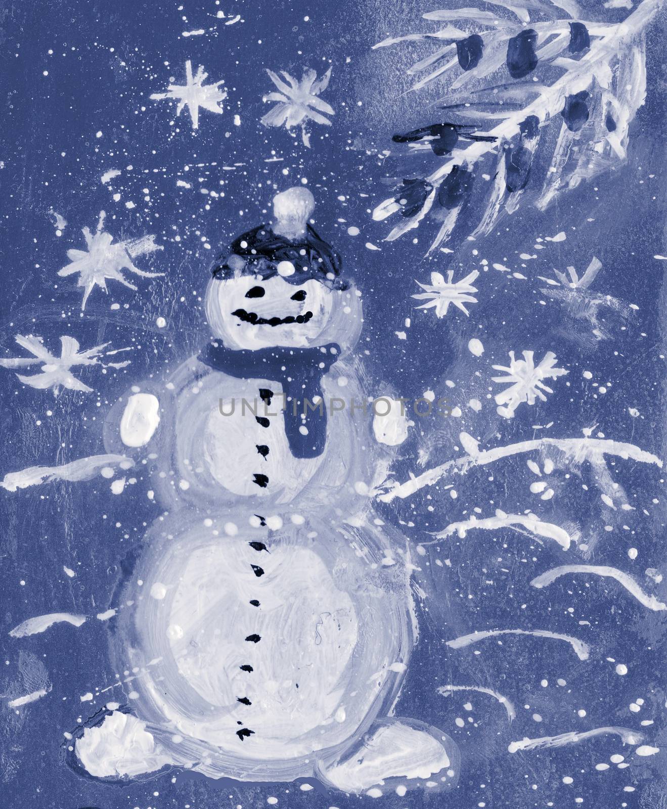 white snowman on blue background. card. watercolor