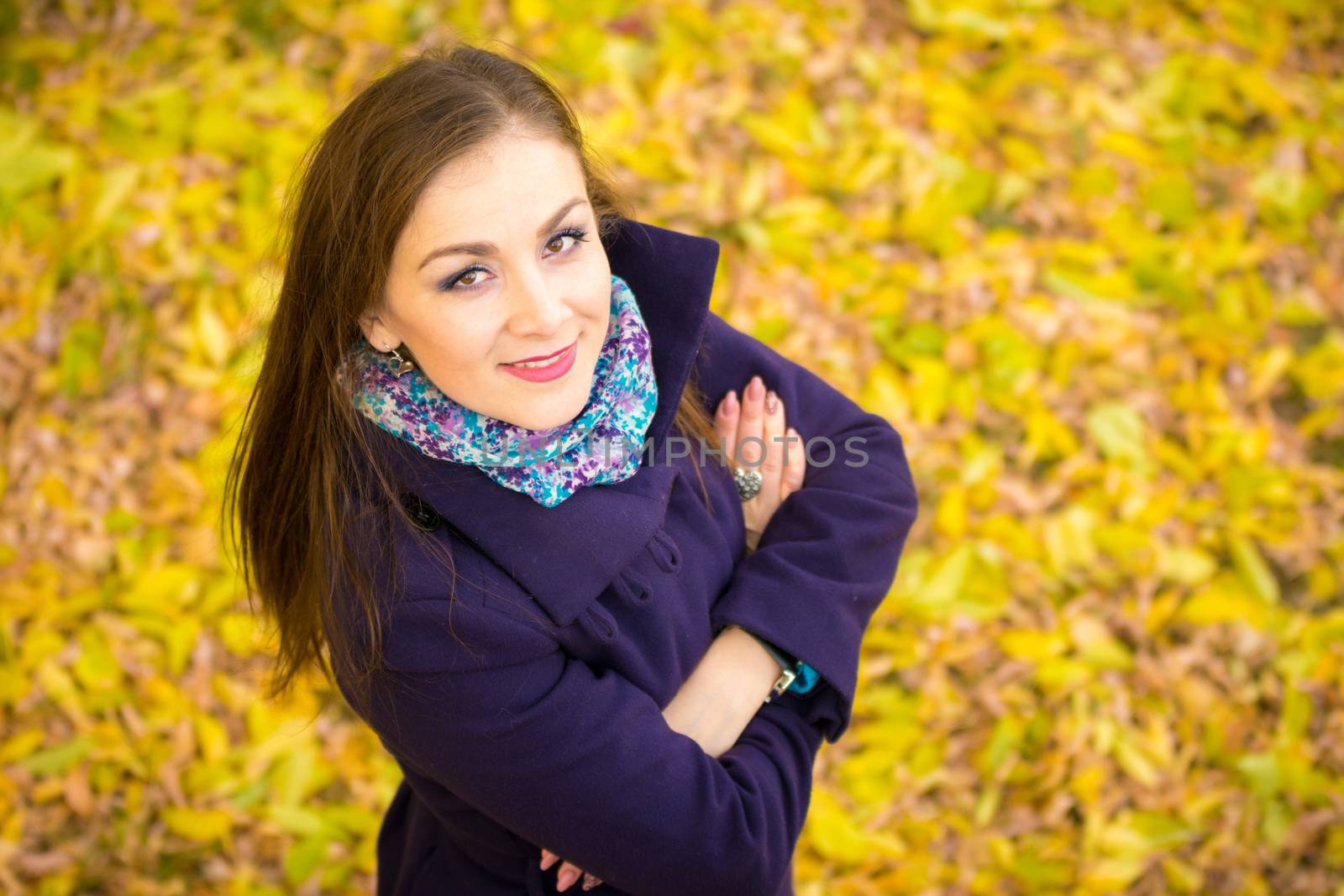 Top view of a beautiful girl against the backdrop of autumn foliage