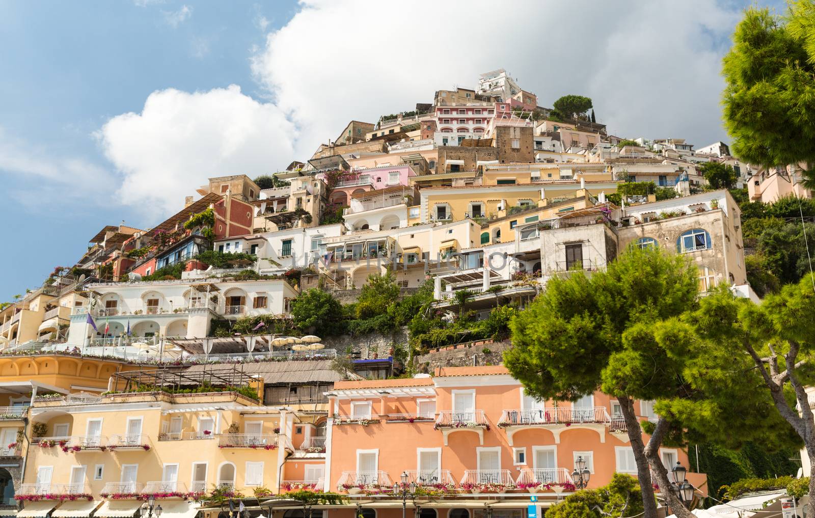 A view looking back up from the front at Positano