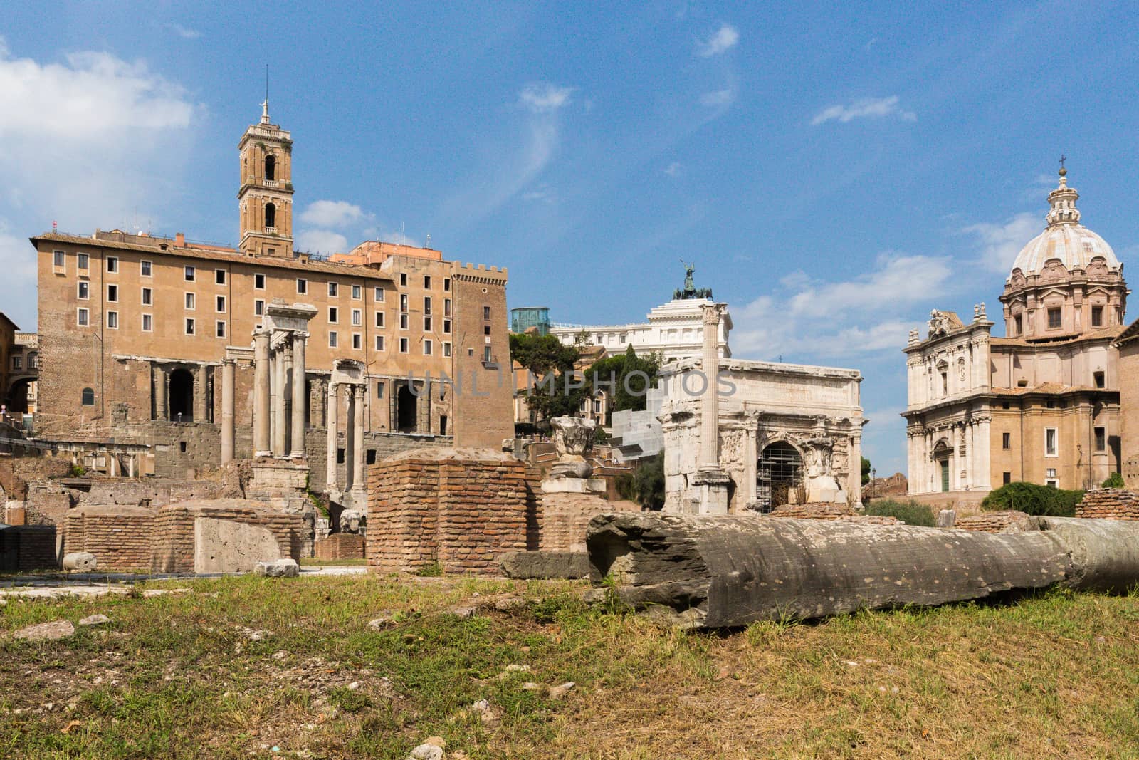 The Roman Forum is a rectangular forum surrounded by the ruins of several important ancient government buildings at the center of the city of Rome. Citizens of the ancient city referred to this space, originally a marketplace, as the Forum Magnum, or simply the Forum.

It was for centuries the center of Roman public life: the site of triumphal processions and elections; the venue for public speeches, criminal trials, and gladiatorial matches; and the nucleus of commercial affairs.