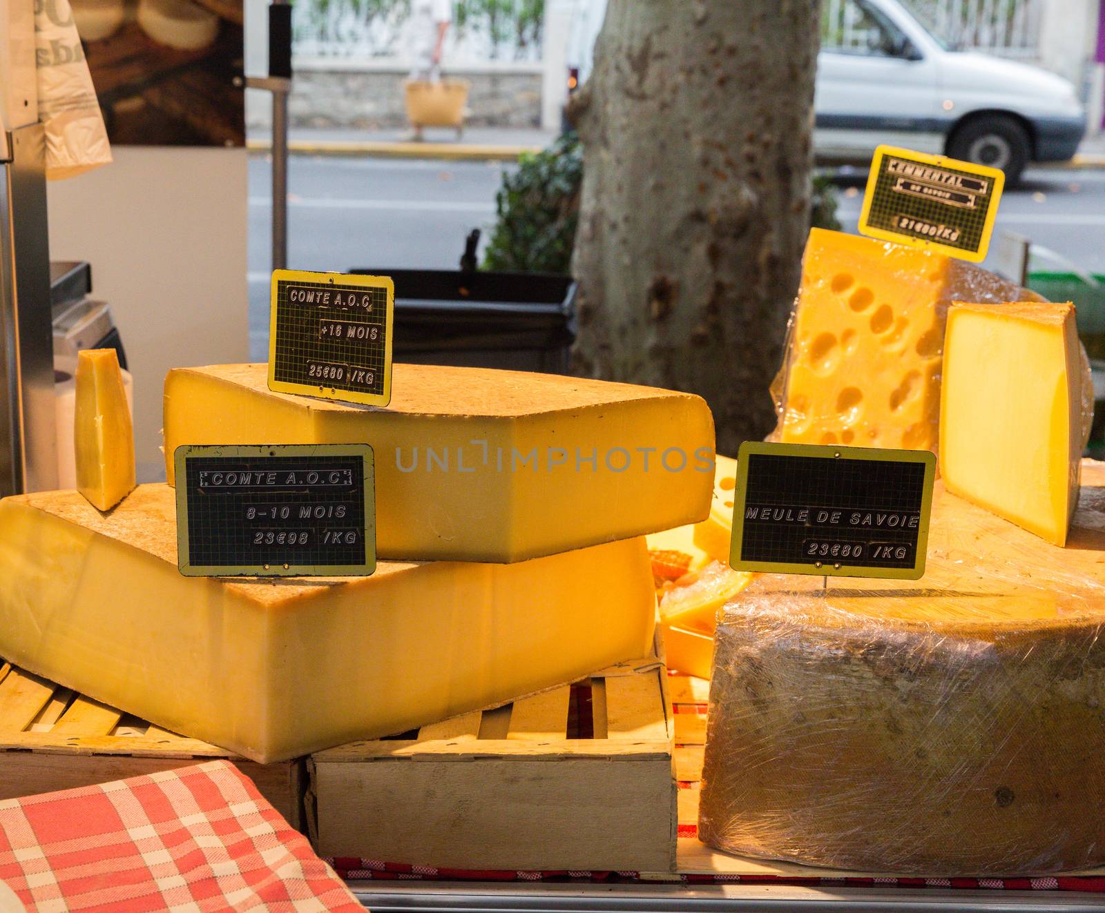 In Sanary Sur Le Mer, different cheeses for sale on Market day