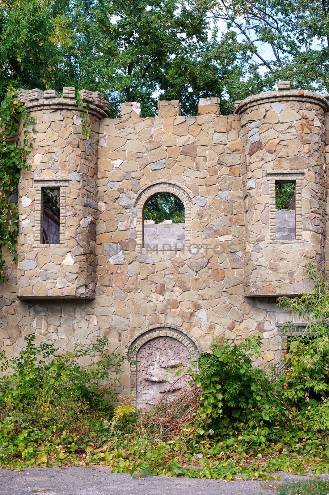 old overgrown with plants from the wild stone fortress.