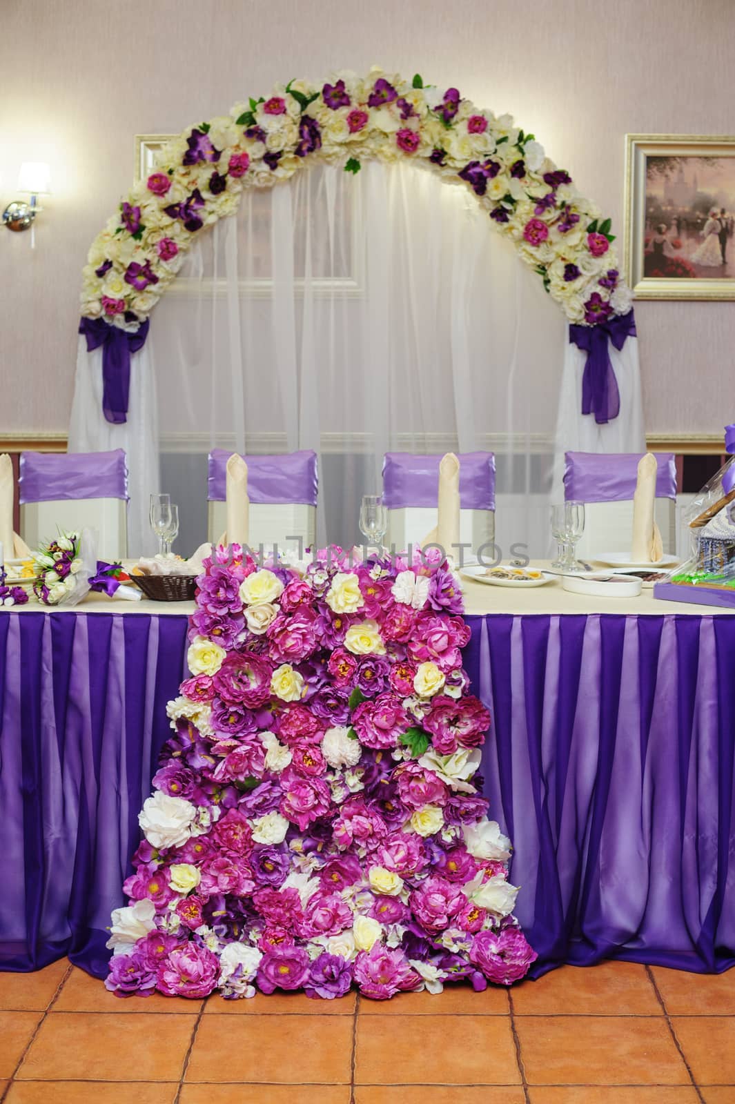 wedding decor of the bride and groom in restaurant.