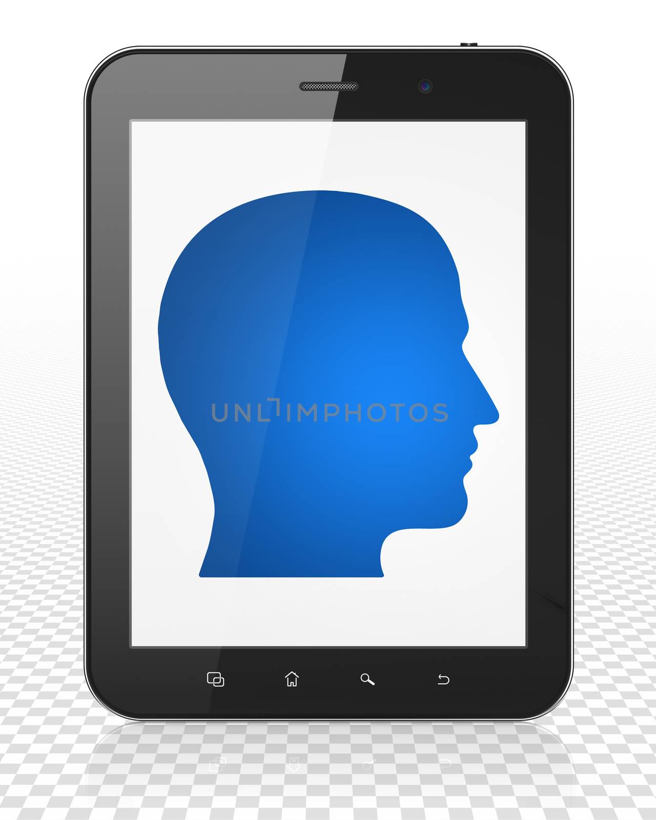 Information concept: Tablet Pc Computer with blue Head icon on display, 3D rendering