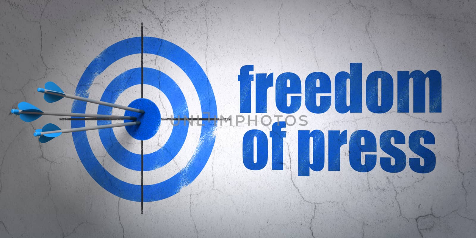 Success politics concept: arrows hitting the center of target, Blue Freedom Of Press on wall background, 3D rendering