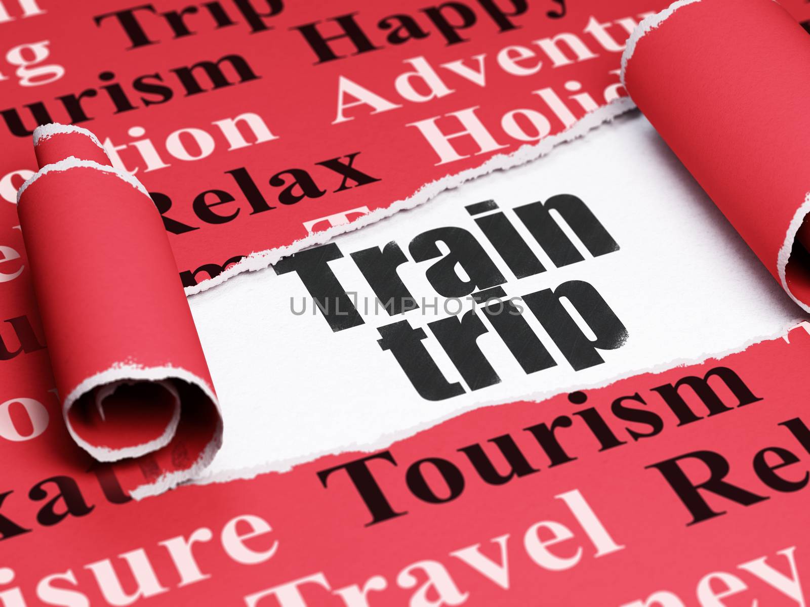 Vacation concept: black text Train Trip under the curled piece of Red torn paper with  Tag Cloud, 3D rendering