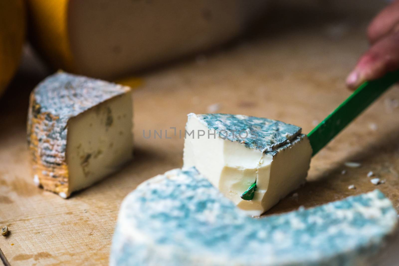 a pieces of cheese with blue mold is cut with a knife