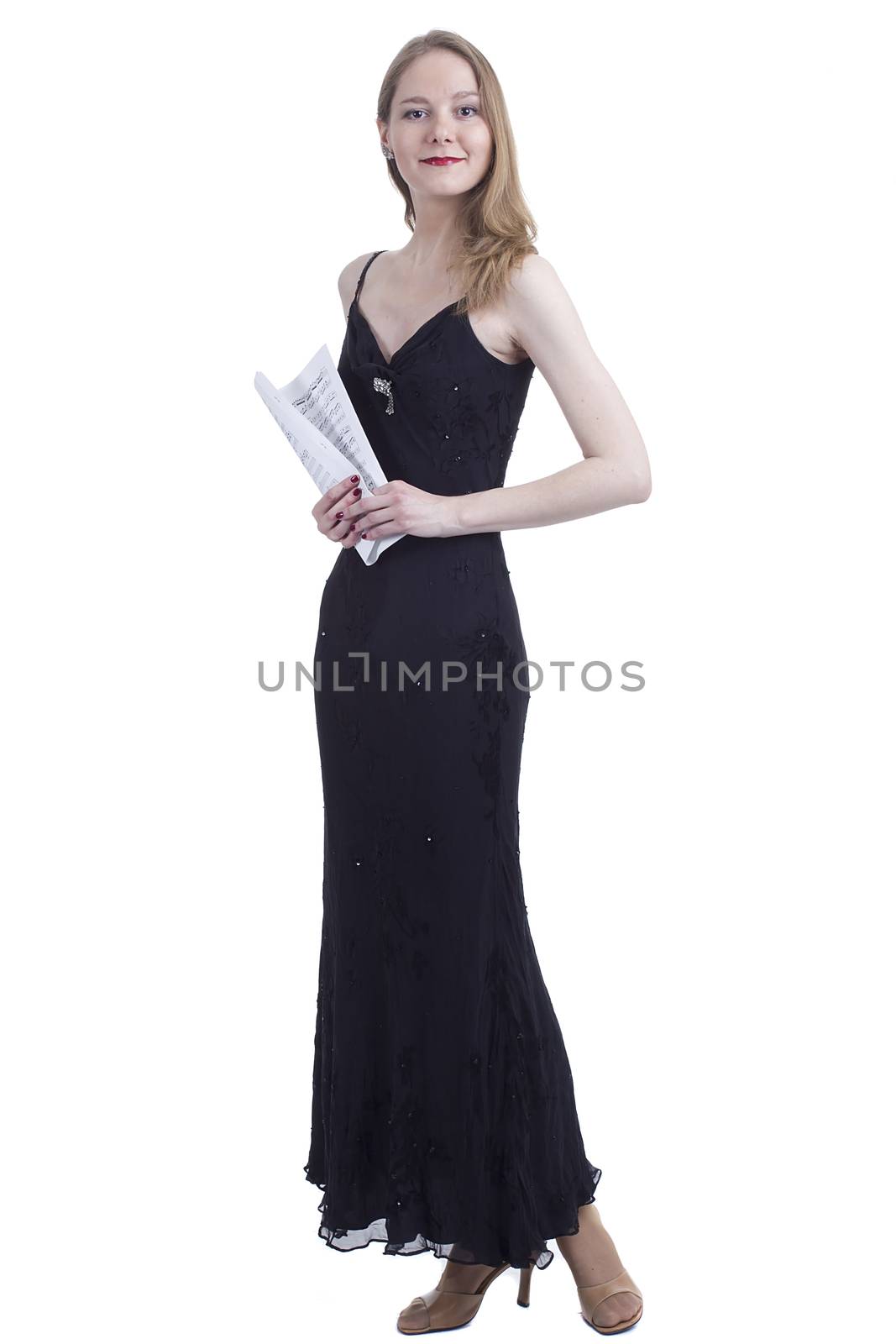 Professional opera singer with musical notebook on a white background