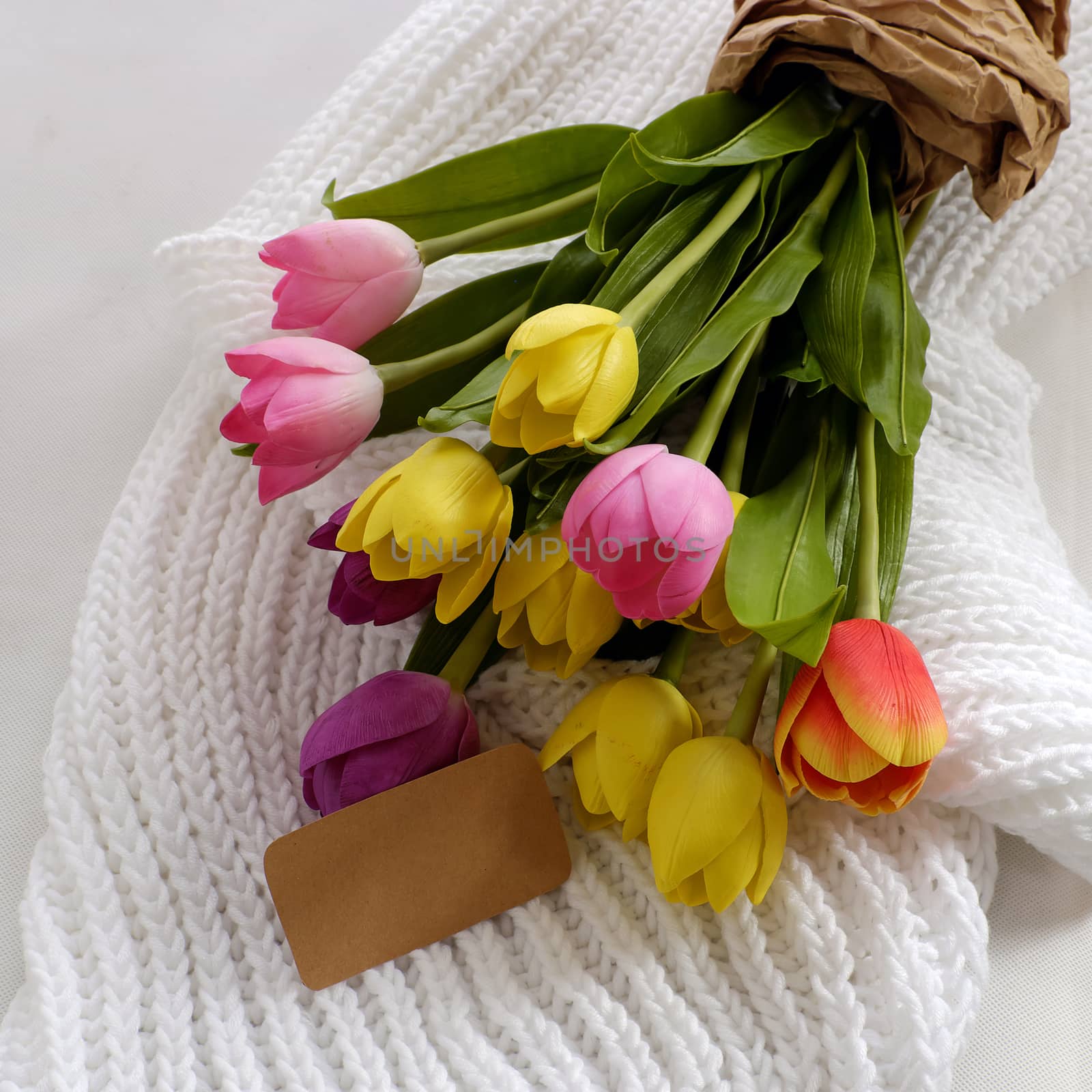 Happy mother day with meaningful handmade gift include knitted white scarf and tulip flower bouquet from clay, gratitude and thank mom for love in special day
