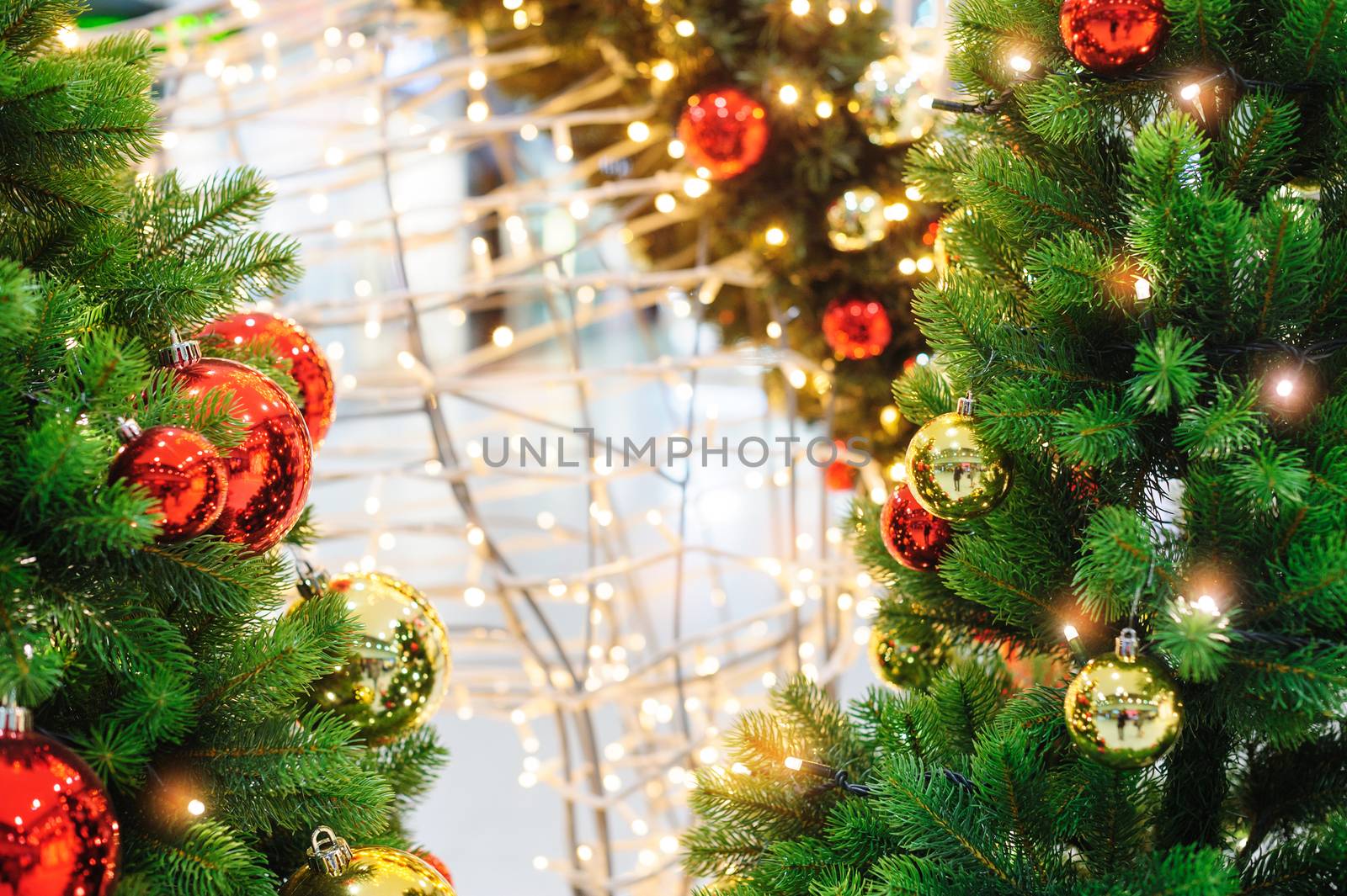 beautiful red and yellow balls on the Christmas tree.