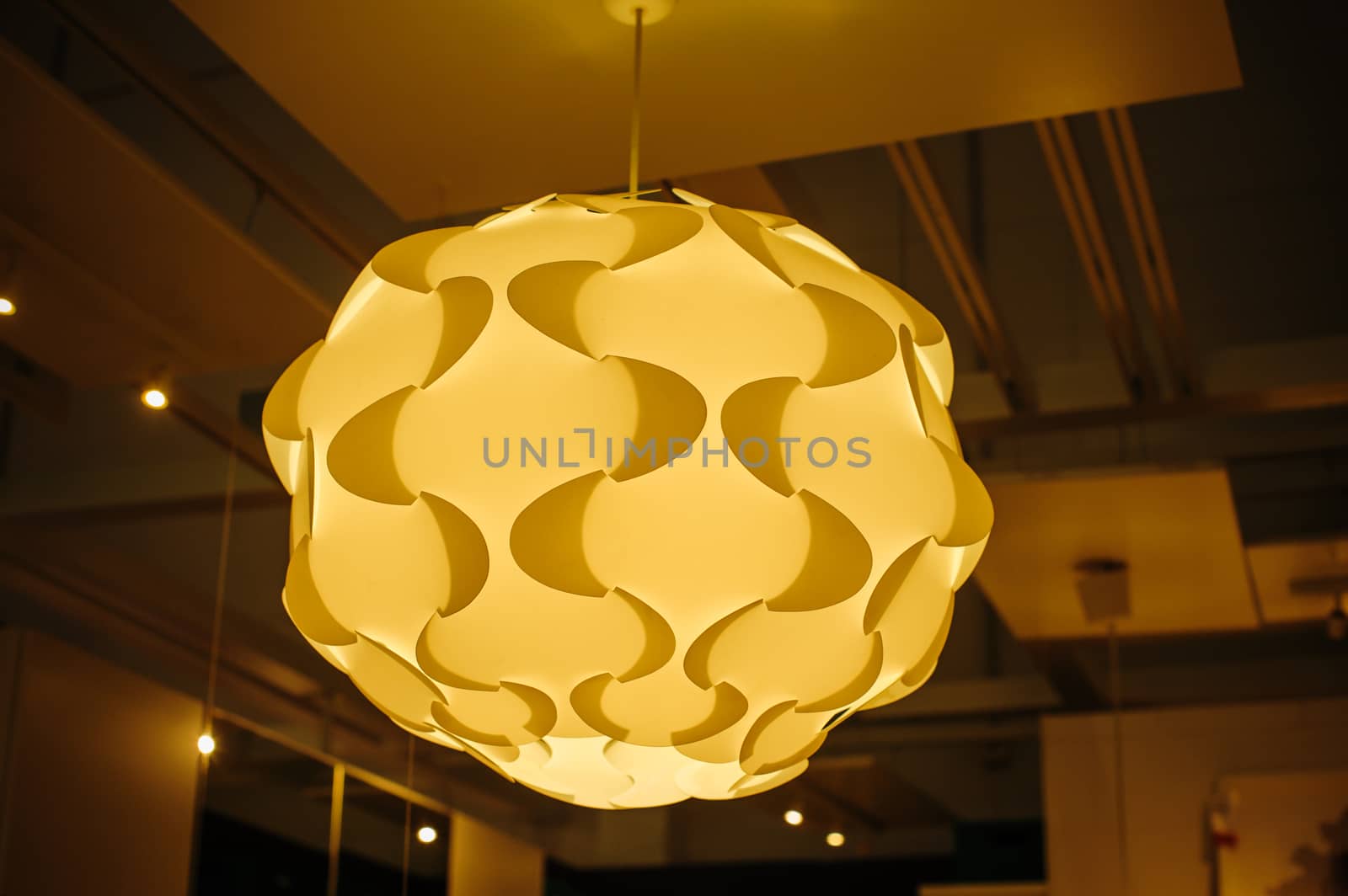 beautiful fabric chandelier in the Interior of the restaurant.
