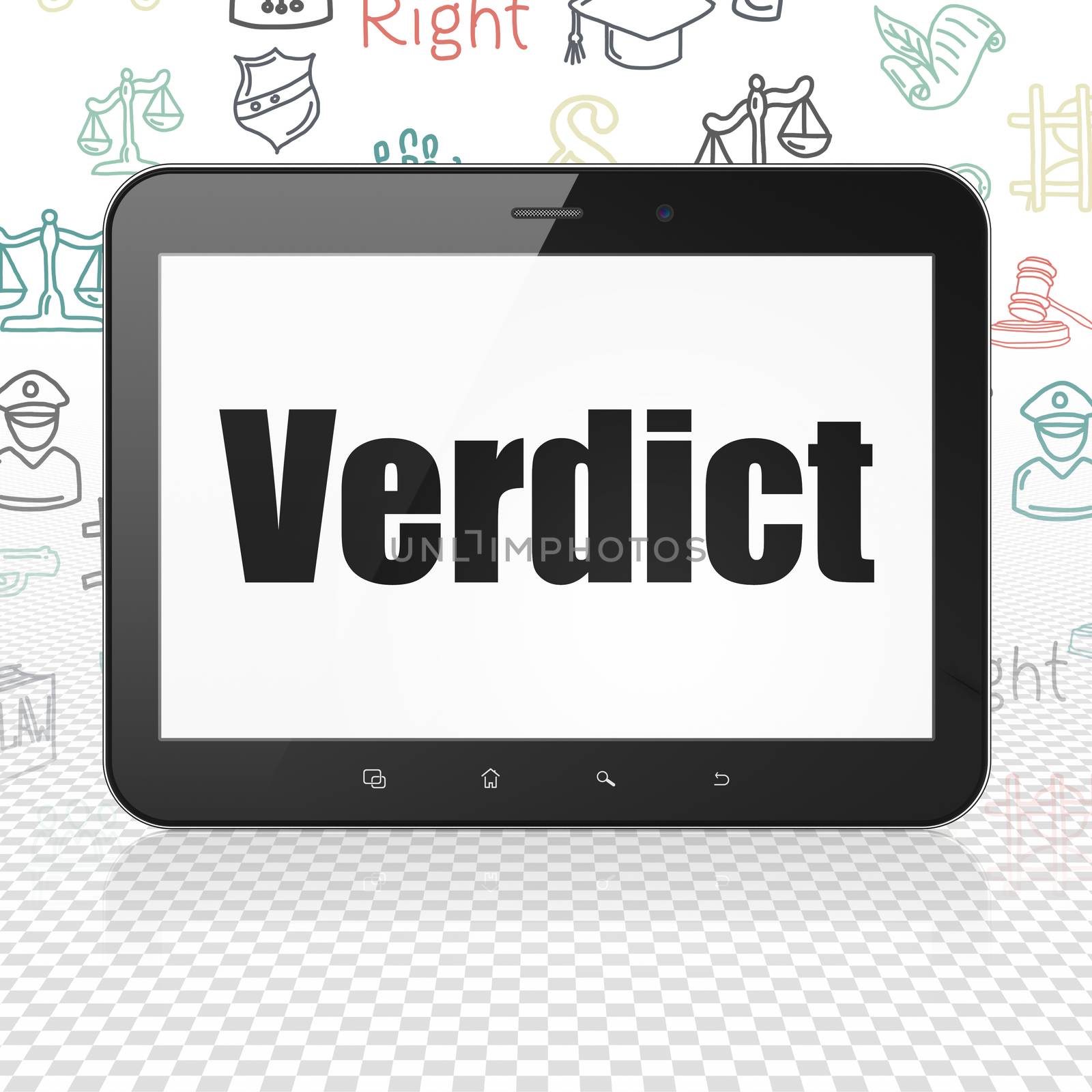 Law concept: Tablet Computer with  black text Verdict on display,  Hand Drawn Law Icons background, 3D rendering