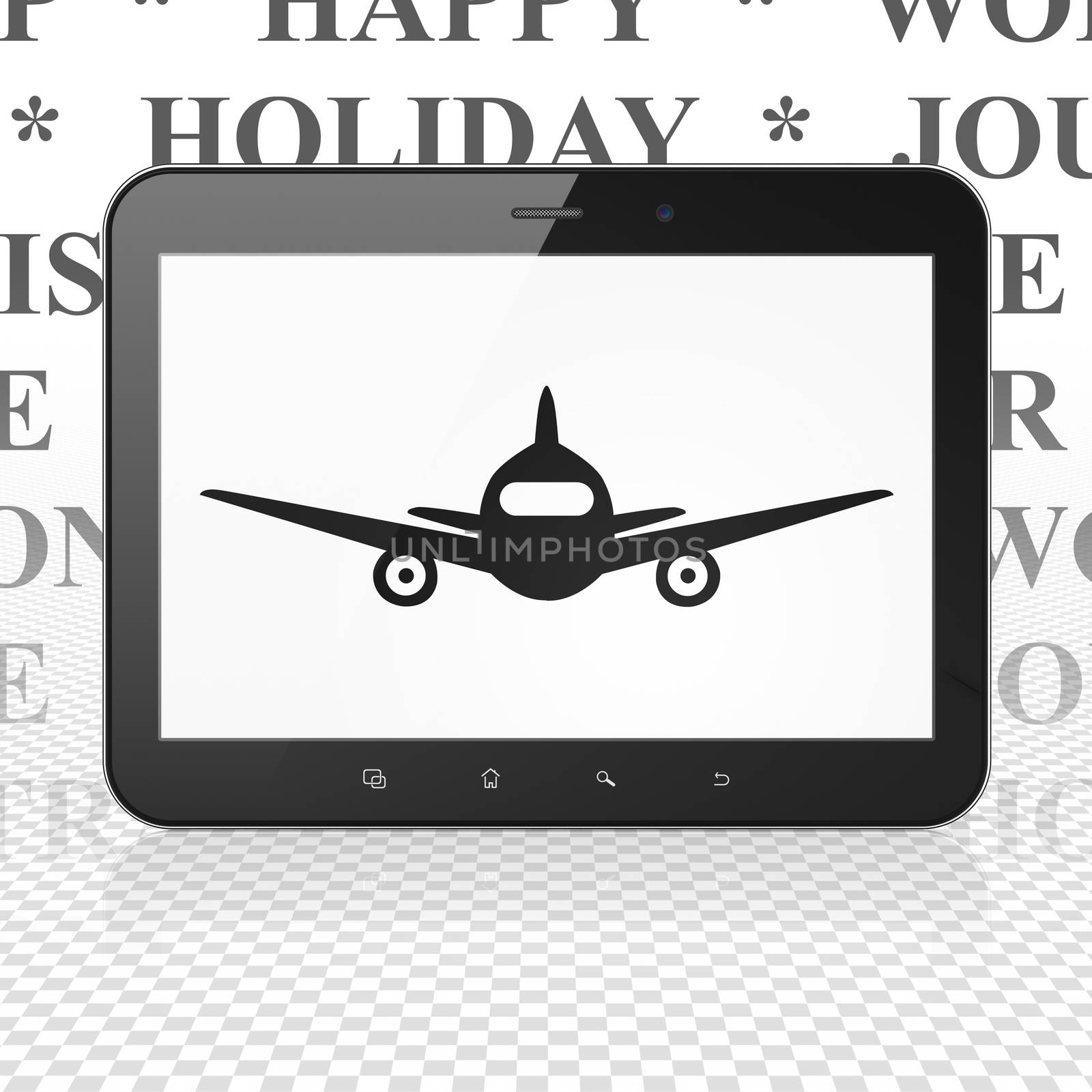 Travel concept: Tablet Computer with  black Aircraft icon on display,  Tag Cloud background, 3D rendering
